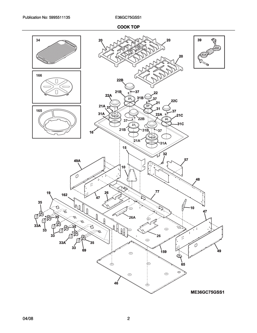 Electrolux 37766426870S1 installation instructions Cook Top, 04/08, E36GC75GSS1 
