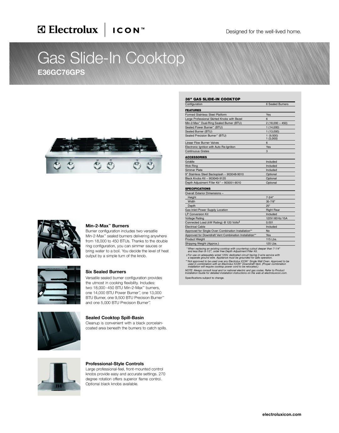 Electrolux E36GC76GPS specifications Min-2-MaxBurners, Six Sealed Burners, Sealed Cooktop Spill-Basin, Electroluxicon.com 