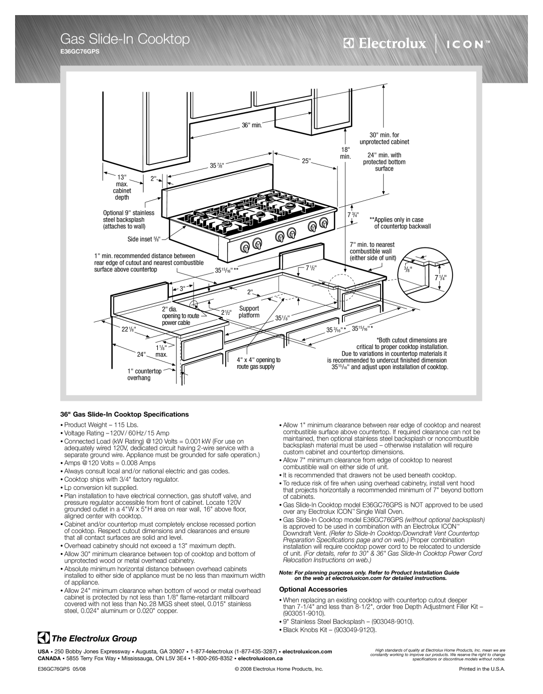 Electrolux E36GC76GPS specifications Gas Slide-In Cooktop Specifications, Optional Accessories 