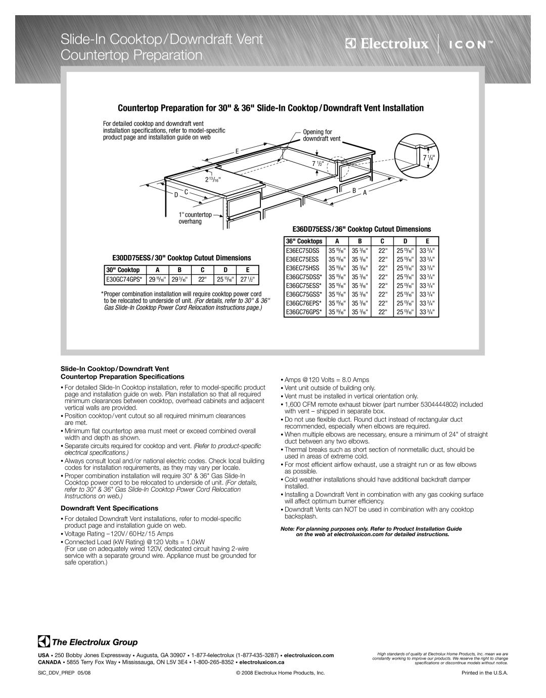 Electrolux E36GC76GPS Slide-In Cooktop/Downdraft Vent Countertop Preparation, E30DD75ESS / 30 Cooktop Cutout Dimensions 
