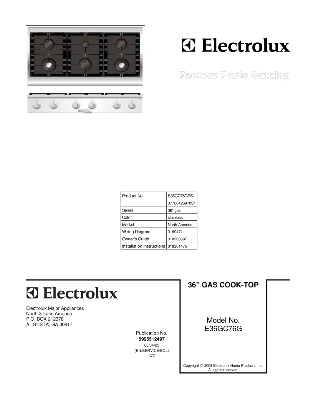 Electrolux 37766426970S1 installation instructions Gas Cook-Top, E36GC76GPS1 