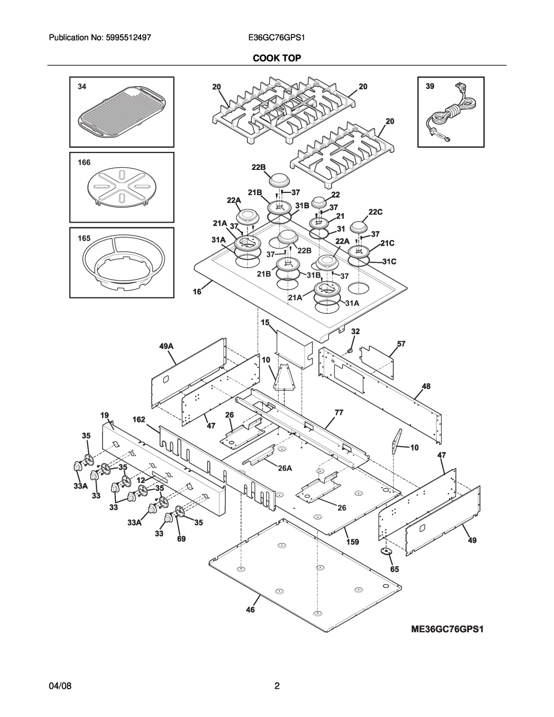 Electrolux 37766426970S1 installation instructions Cook Top, 04/08, E36GC76GPS1 