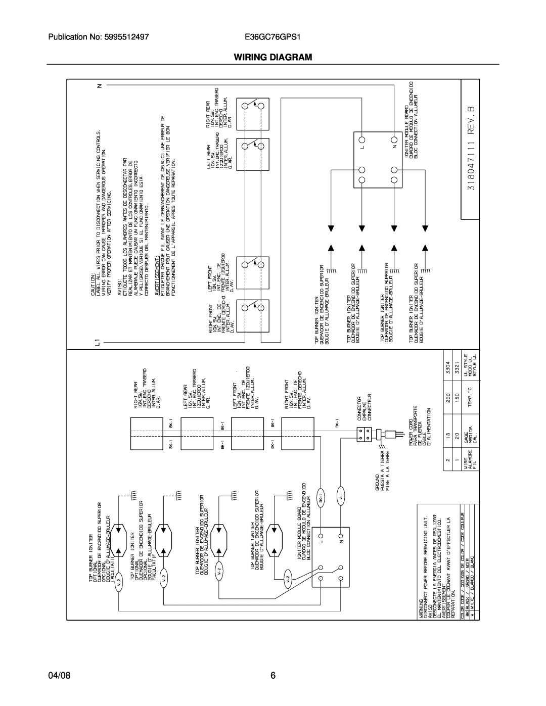 Electrolux E36GC76GPS1, 37766426970S1 installation instructions Wiring Diagram, 04/08 