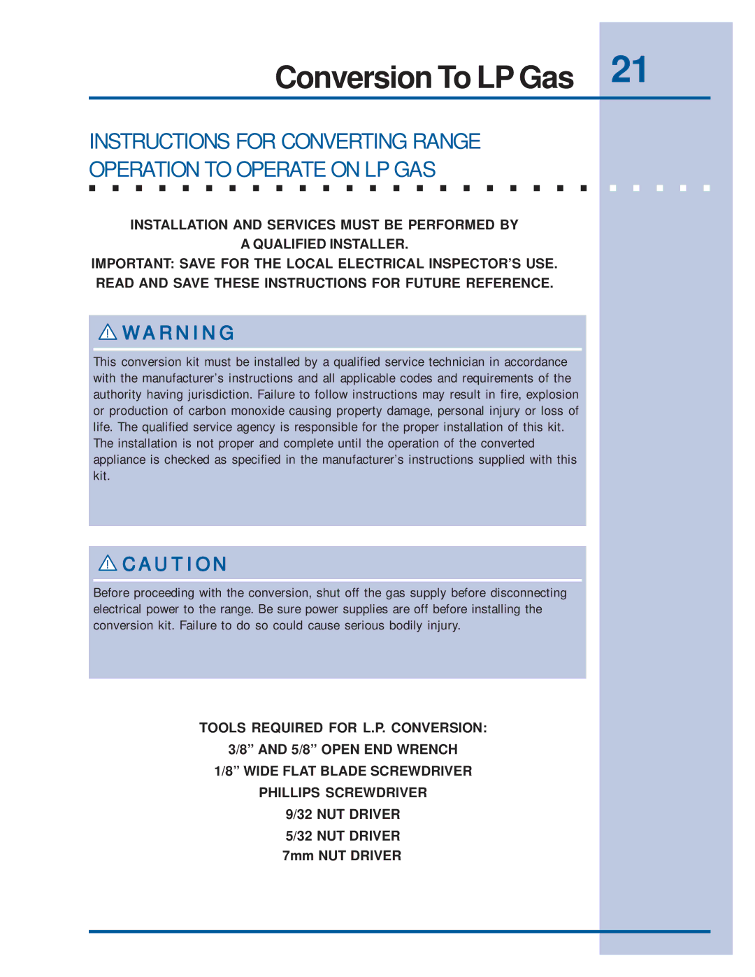 Electrolux E36GF76GPS, E36GF75GPS, 318201761E30GF74GPS manual Conversion To LP Gas 