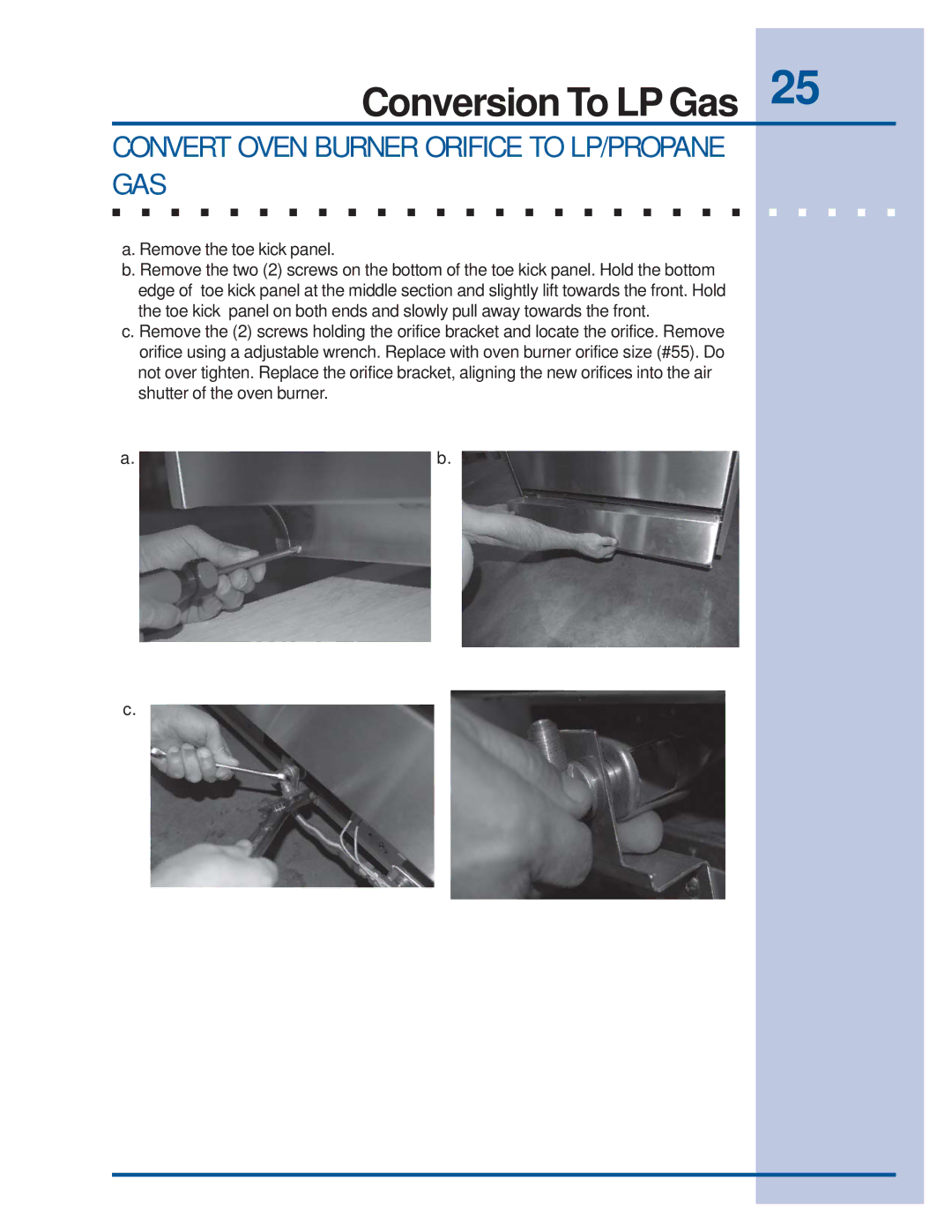 Electrolux E36GF75GPS, E36GF76GPS manual Convert Oven Burner Orifice to LP/PROPANE GAS, Remove the toe kick panel 