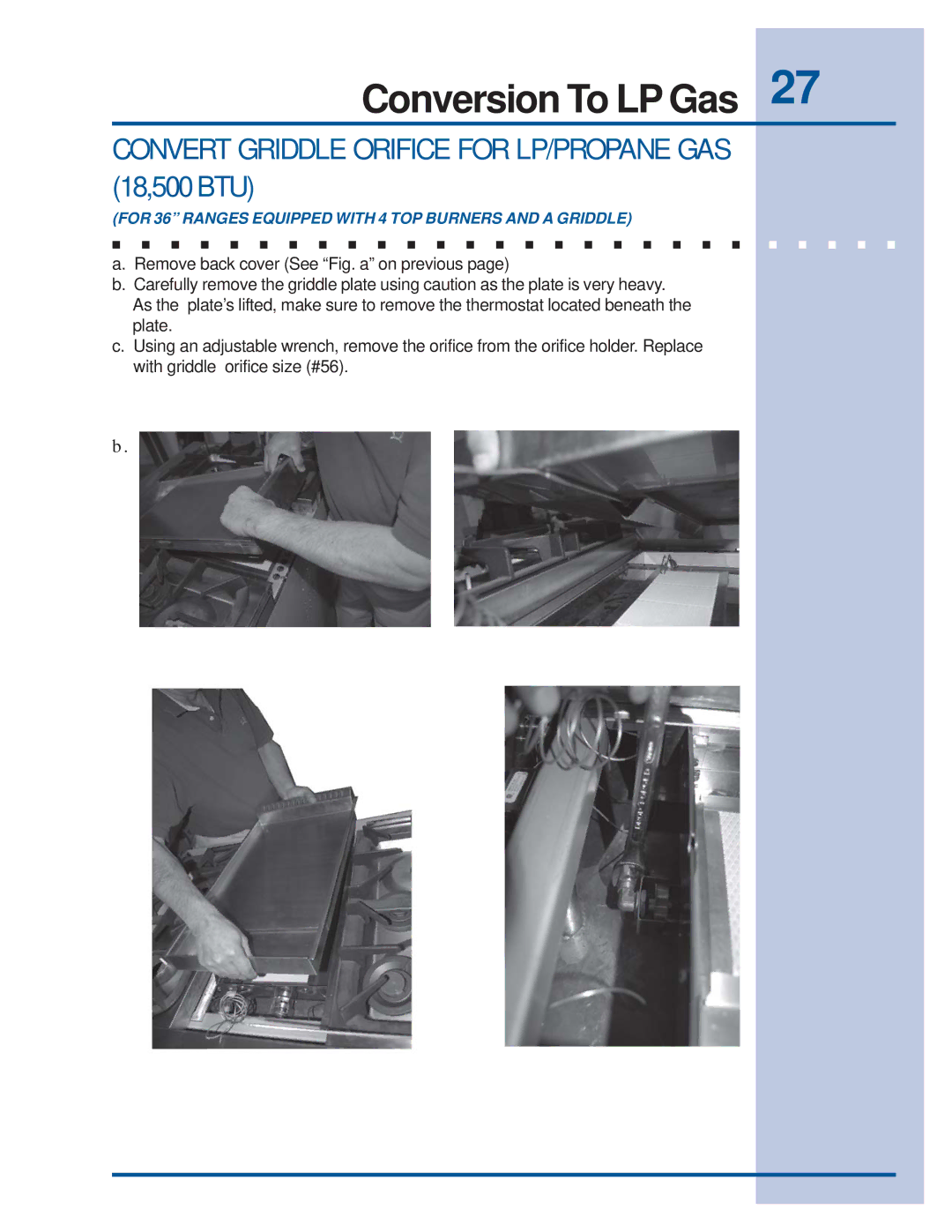 Electrolux E36GF76GPS, E36GF75GPS, 318201761E30GF74GPS manual Convert Griddle Orifice for LP/PROPANE GAS 18,500 BTU 