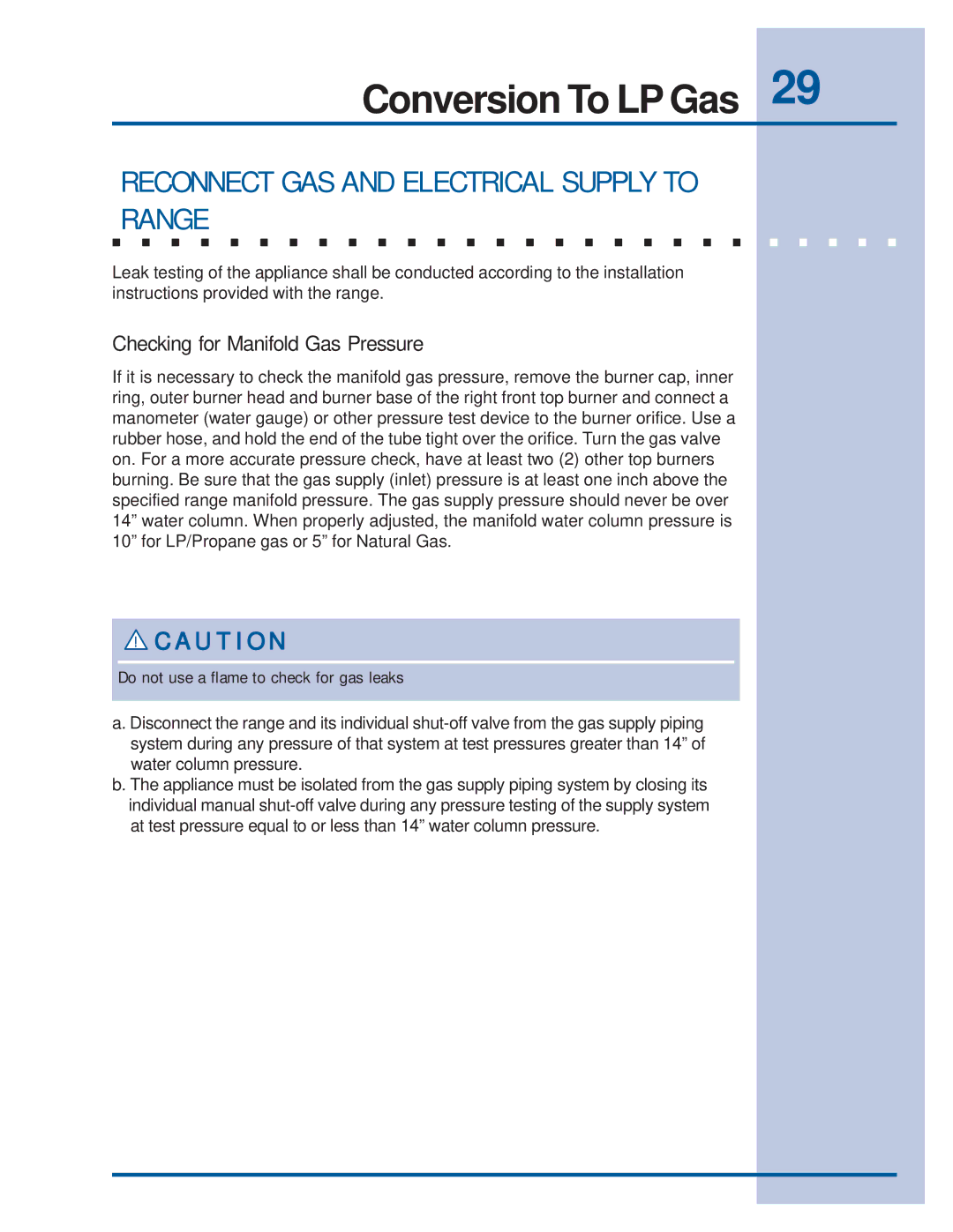 Electrolux 318201761E30GF74GPS manual Reconnect GAS and Electrical Supply to Range, Checking for Manifold Gas Pressure 