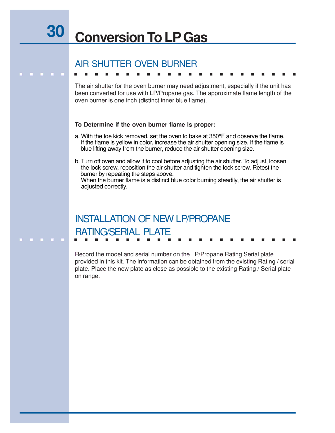 Electrolux E36GF76GPS, E36GF75GPS manual AIR Shutter Oven Burner, Installation of NEW LP/PROPANE RATING/SERIAL Plate 