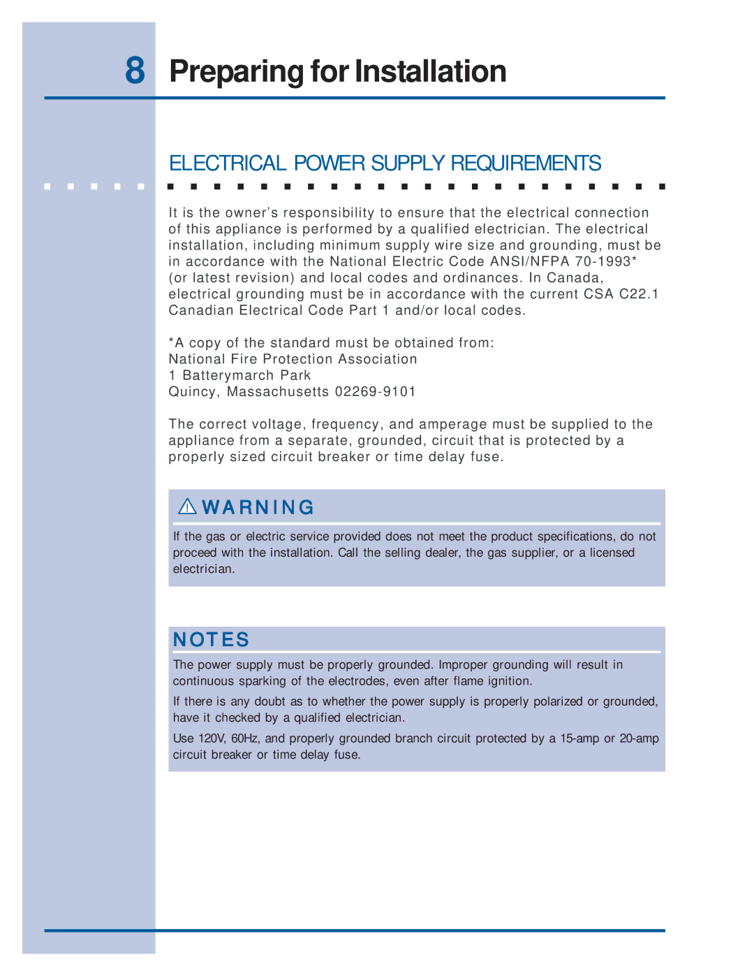 Electrolux 318201761E30GF74GPS, E36GF76GPS, E36GF75GPS manual Electrical Power Supply Requirements 