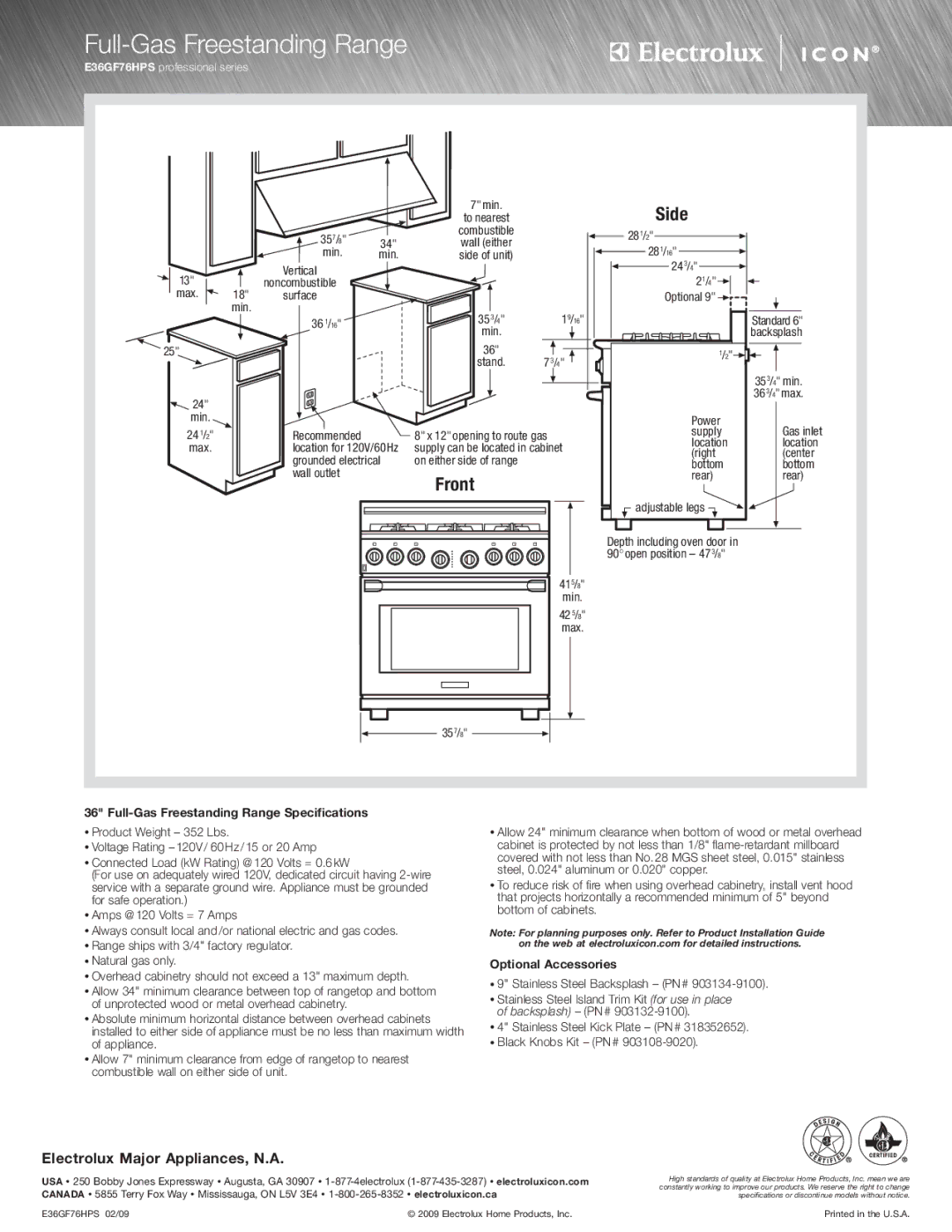 Electrolux E36GF76HPS specifications Side, Front, Full-Gas Freestanding Range Specifications, Optional Accessories 