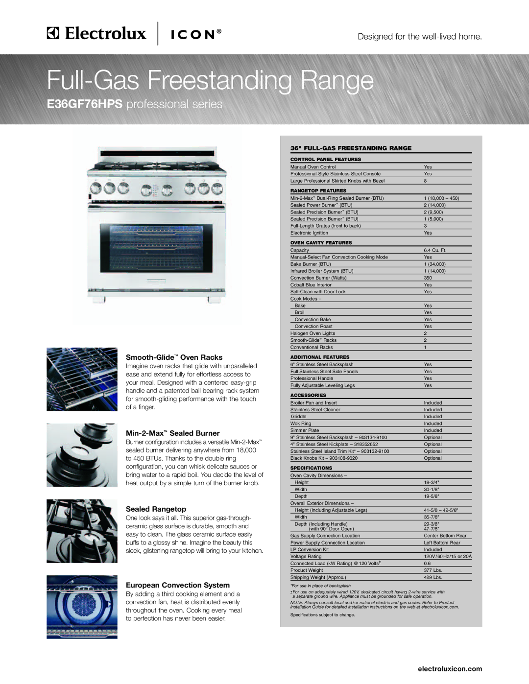 Electrolux E36GF76HPS manual Smooth-GlideOven Racks, Min-2-MaxSealed Burner, Sealed Rangetop, European Convection System 