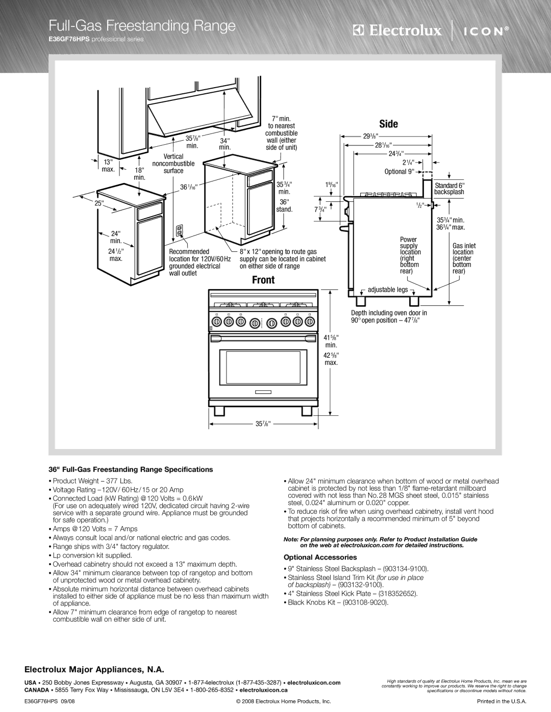 Electrolux E36GF76HPS manual Side, Front, Full-Gas Freestanding Range Specifications, Optional Accessories 