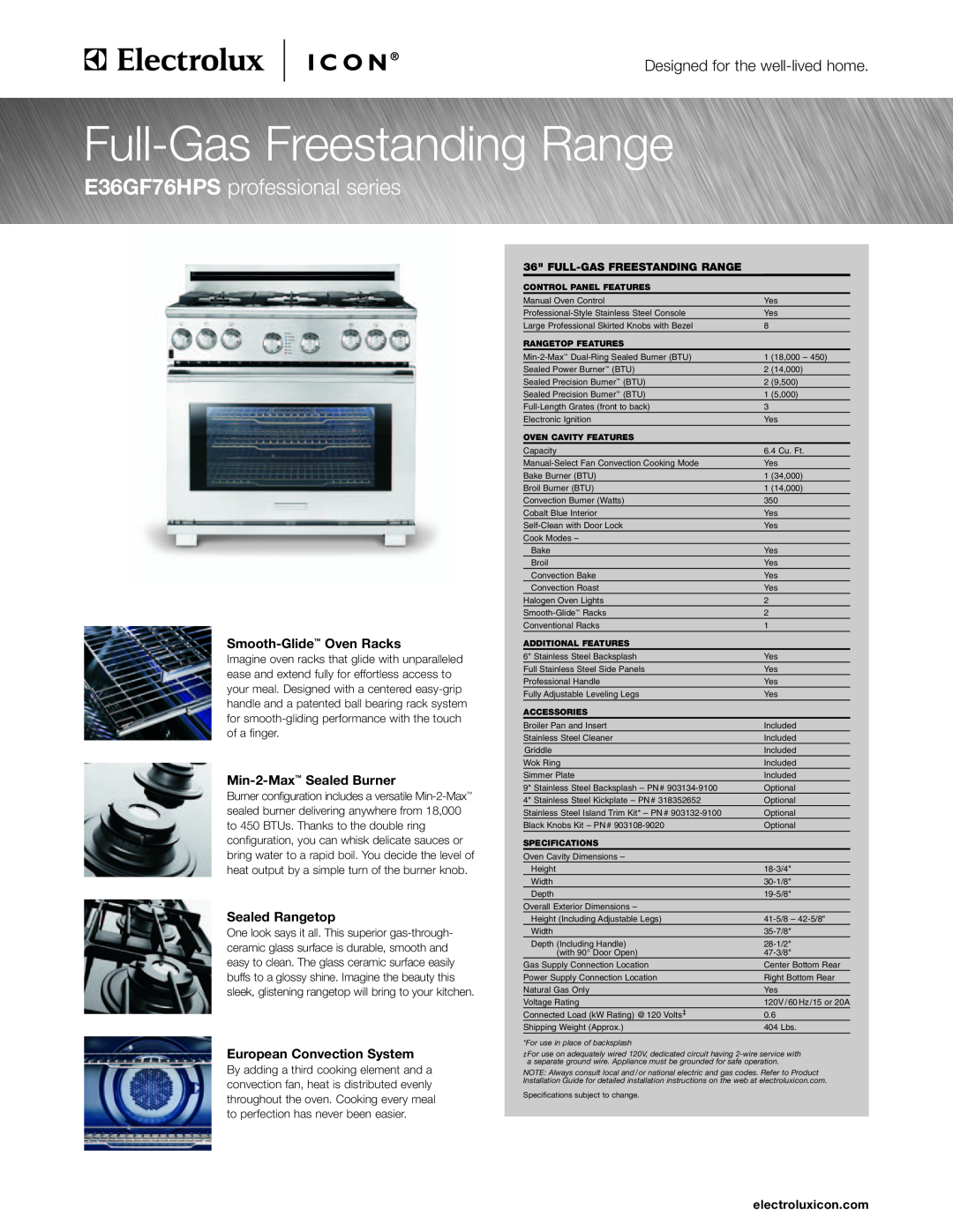 Electrolux E36GF76HPS specifications Smooth-Glide Oven Racks, Min-2-Max Sealed Burner, Sealed Rangetop, electroluxicon.com 