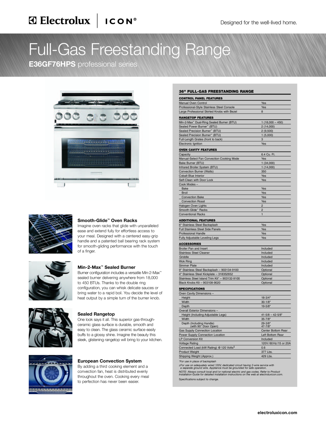 Electrolux E36GF76HPS specifications Smooth-Glide Oven Racks, Min-2-Max Sealed Burner, Sealed Rangetop, electroluxicon.com 