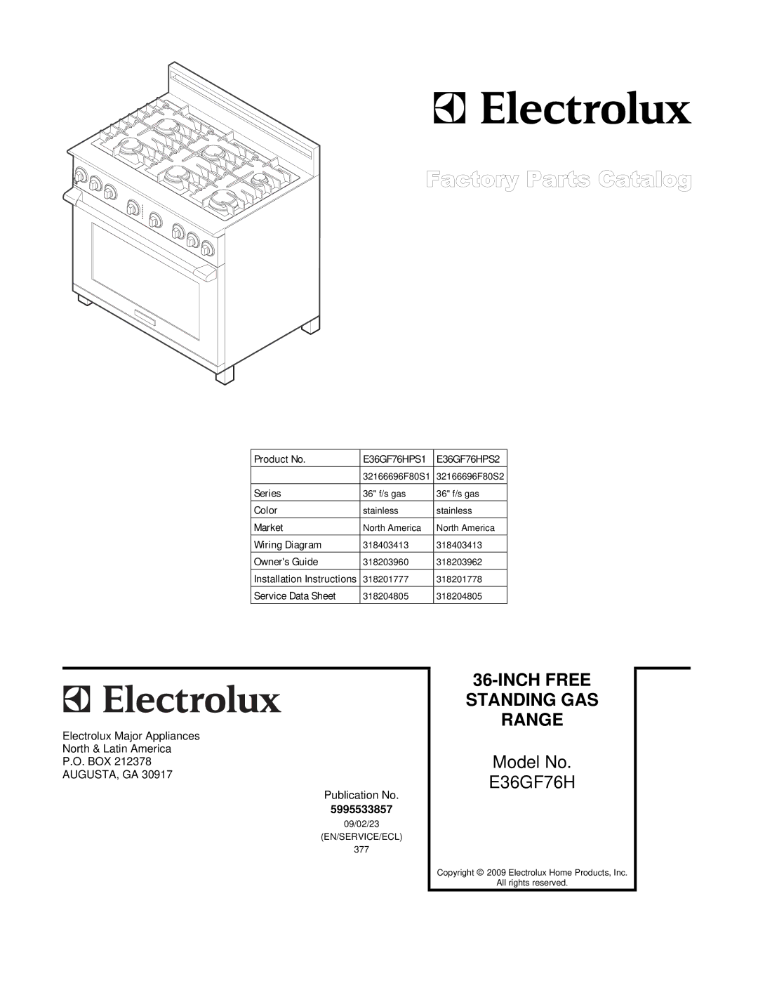 Electrolux E36GF76HPS2, E36GF76HPS1, 32166696F80S2, 32166696F80S1 installation instructions Inch Free Standing GAS Range 