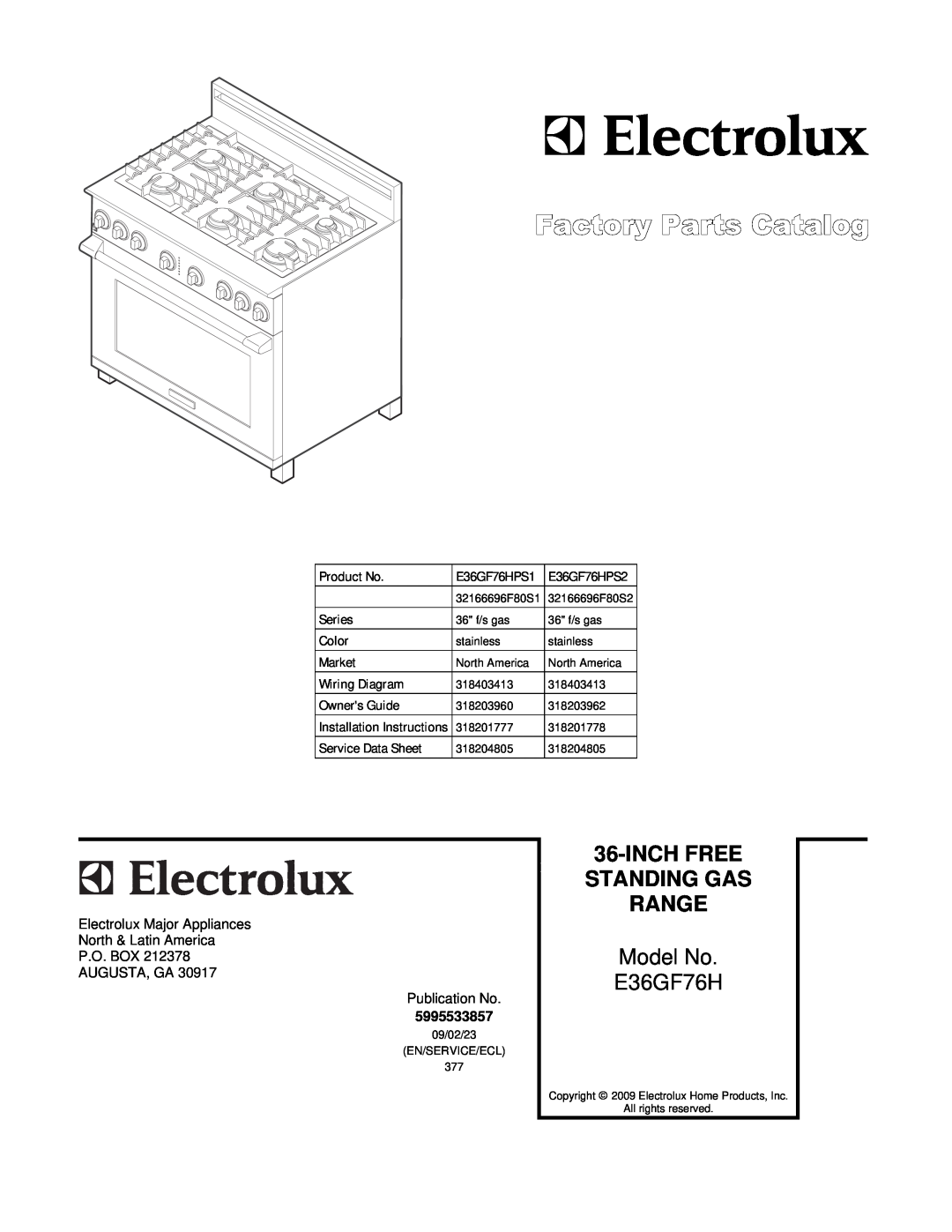 Electrolux E36GF76HPS2, E36GF76HPS1, 32166696F80S2 installation instructions Inchfree Standing Gas Range, Model No E36GF76H 