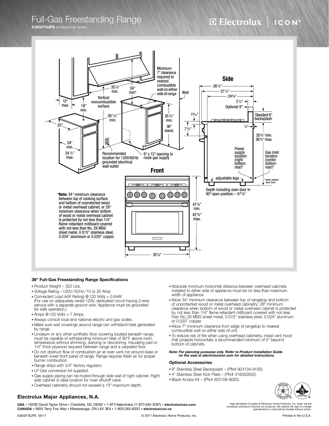 Electrolux E36GF76JPS specifications Full-Gas Freestanding Range 