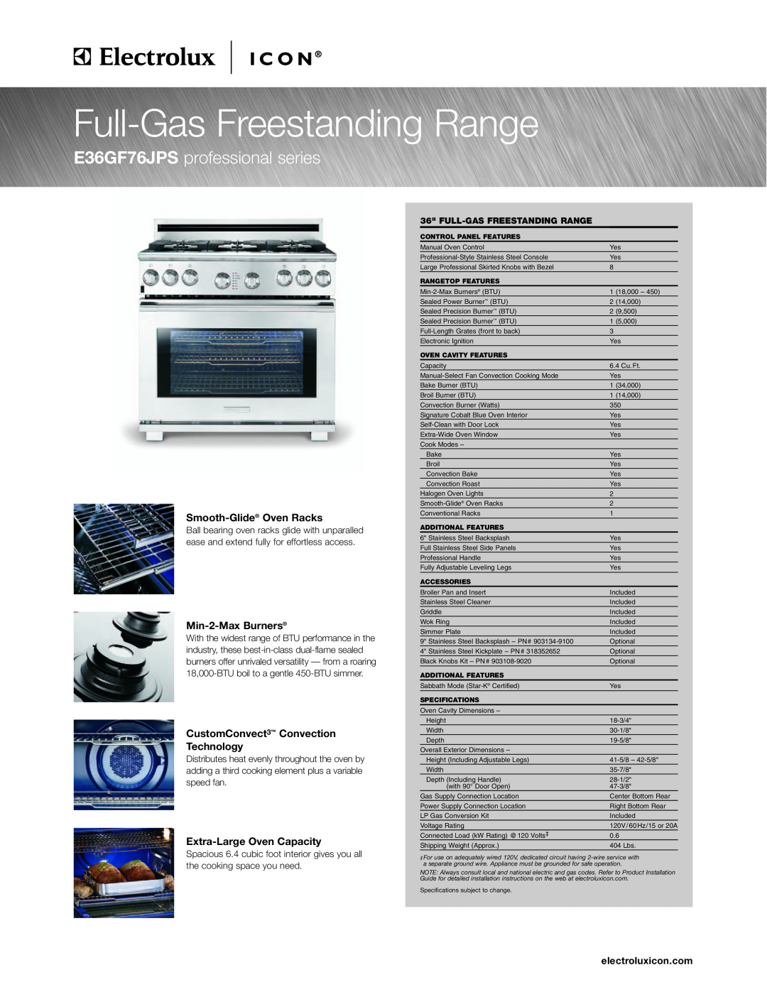 Electrolux specifications electroluxicon.com, Full-Gas Freestanding Range, E36GF76JPS professional series 