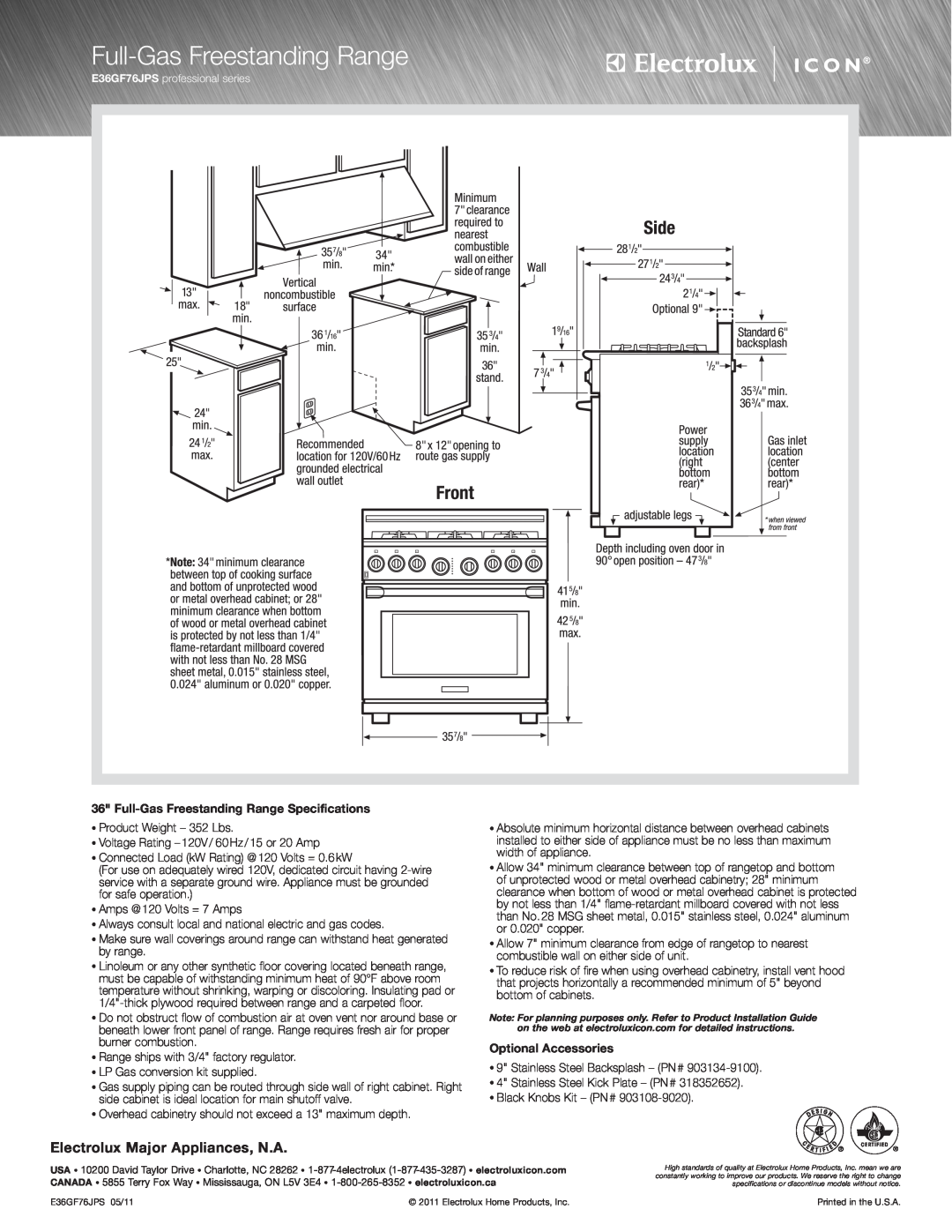Electrolux E36GF76JPS Electrolux Major Appliances, N.A, Full-Gas Freestanding Range Specifications, Optional Accessories 