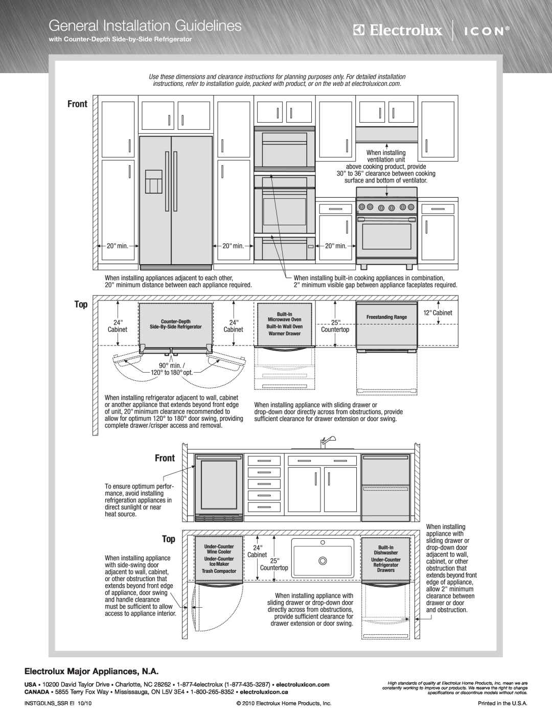 Electrolux E36GF76JPS specifications with Counter-Depth Side-by-Side Refrigerator, General Installation Guidelines, Front 