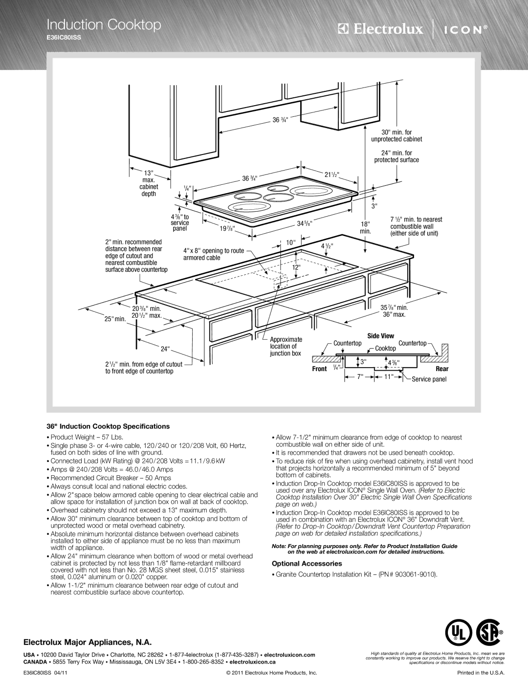 Electrolux E36IC80ISS specifications Induction Cooktop Specifications, Optional Accessories 