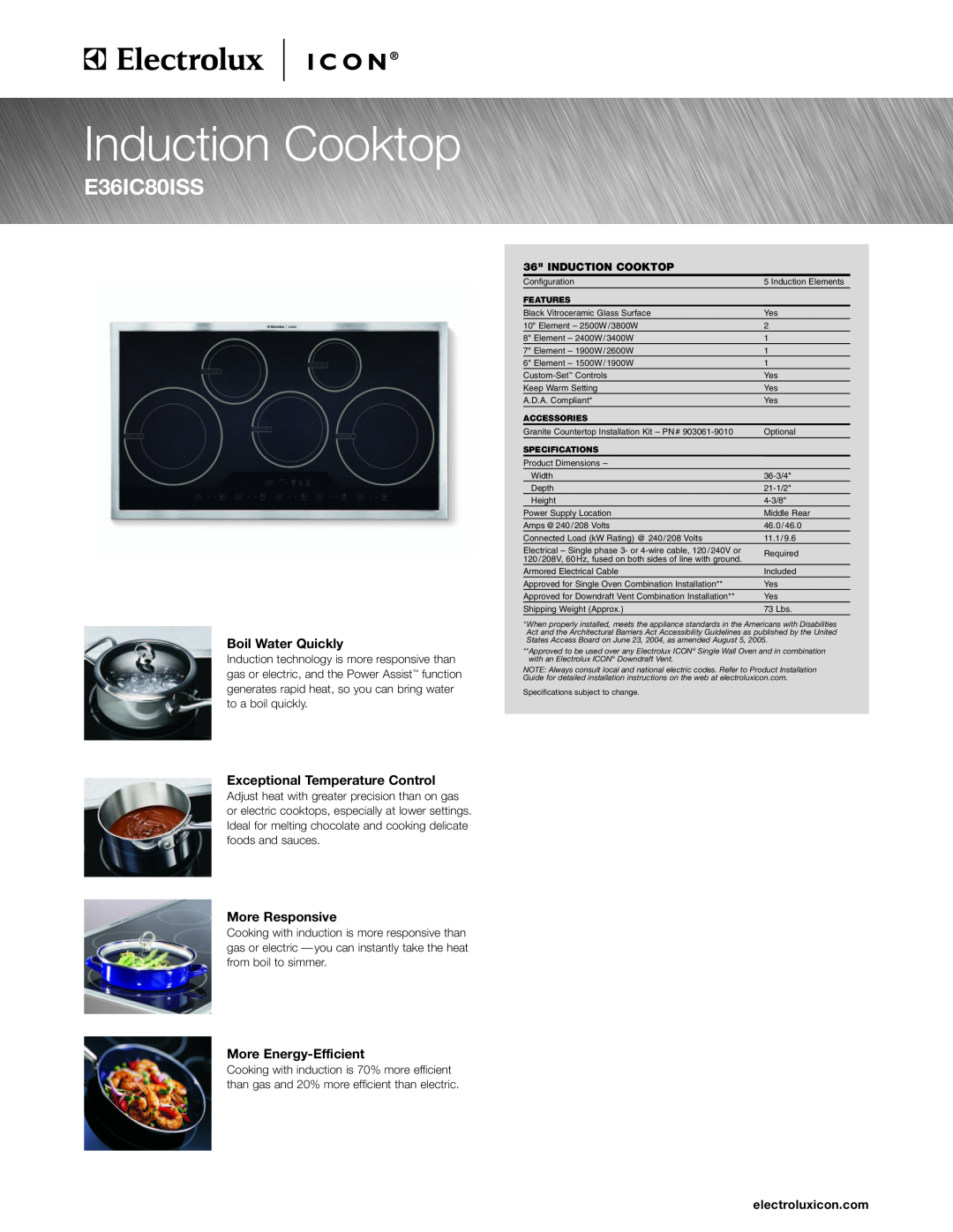 Electrolux E36IC80ISS, E30GC70ISS, E36GC70ISS specifications Induction Cooktop, E30IC80ISS 