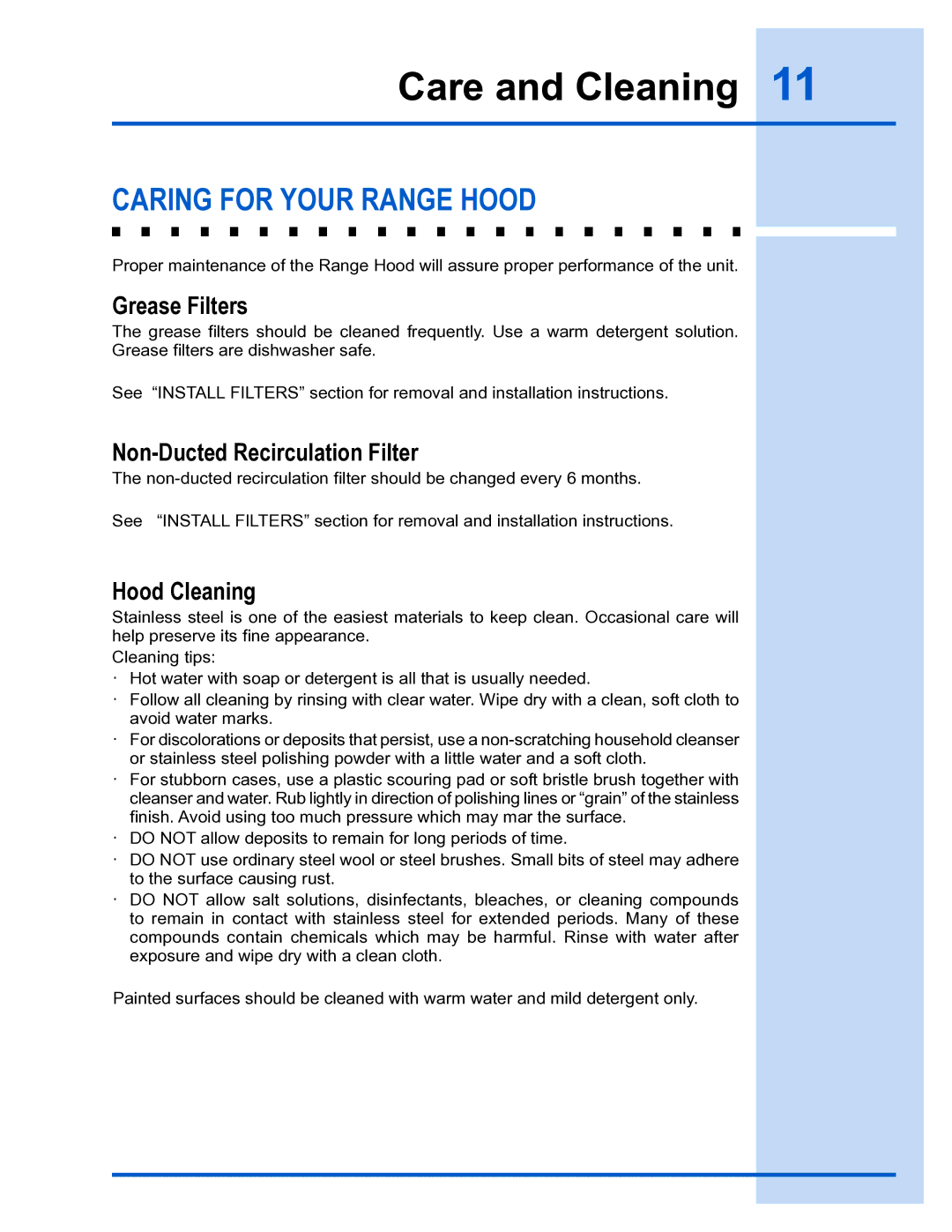 Electrolux E36WC45FSS Care and Cleaning, Caring for Your Range Hood, Grease Filters, Non-Ducted Recirculation Filter 