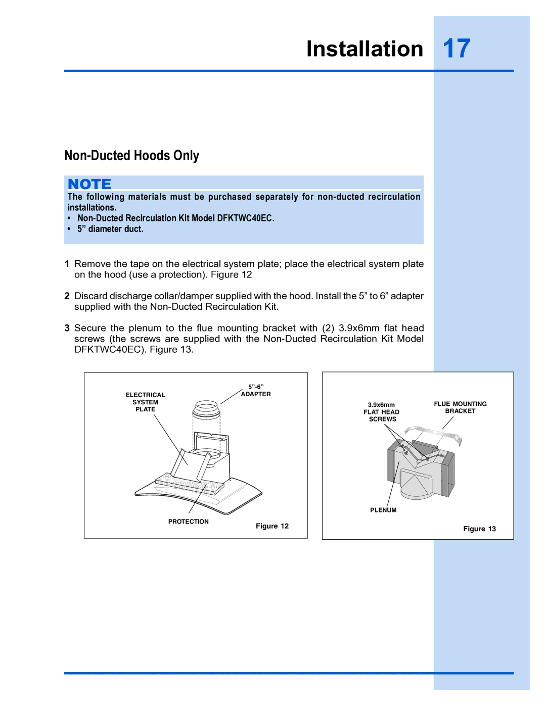 Electrolux E36WC45FSS installation instructions Non-Ducted Hoods Only 