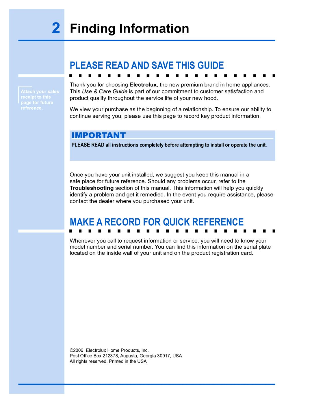 Electrolux E36WC45FSS Finding Information, Please Read and Save this Guide, Make a Record for Quick Reference 