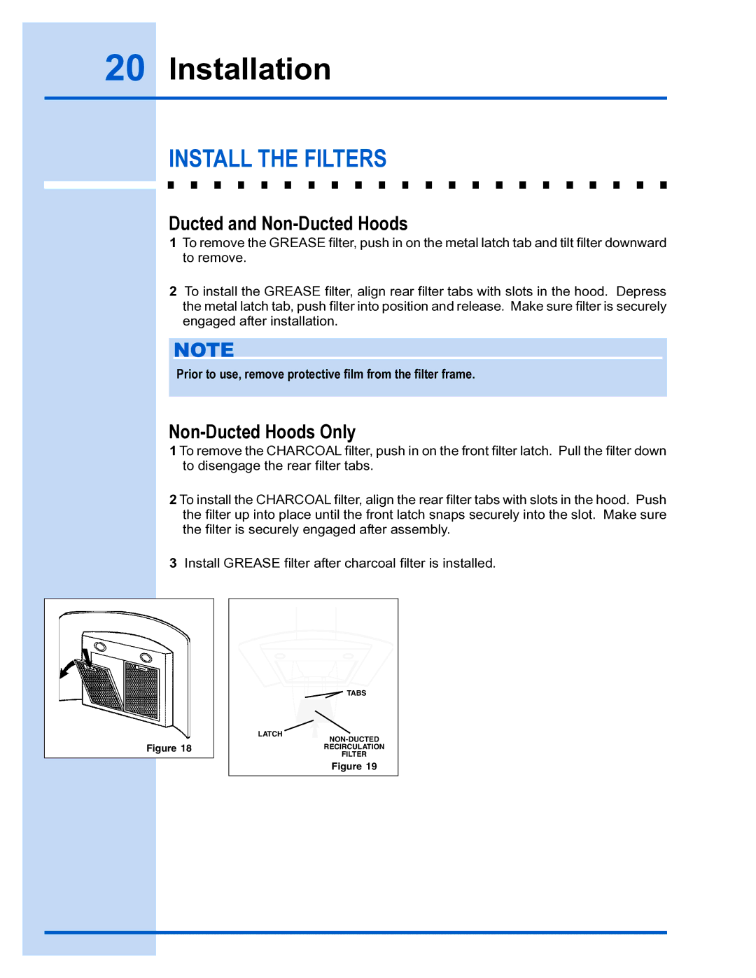 Electrolux E36WC45FSS installation instructions Install the Filters, Ducted and Non-Ducted Hoods 