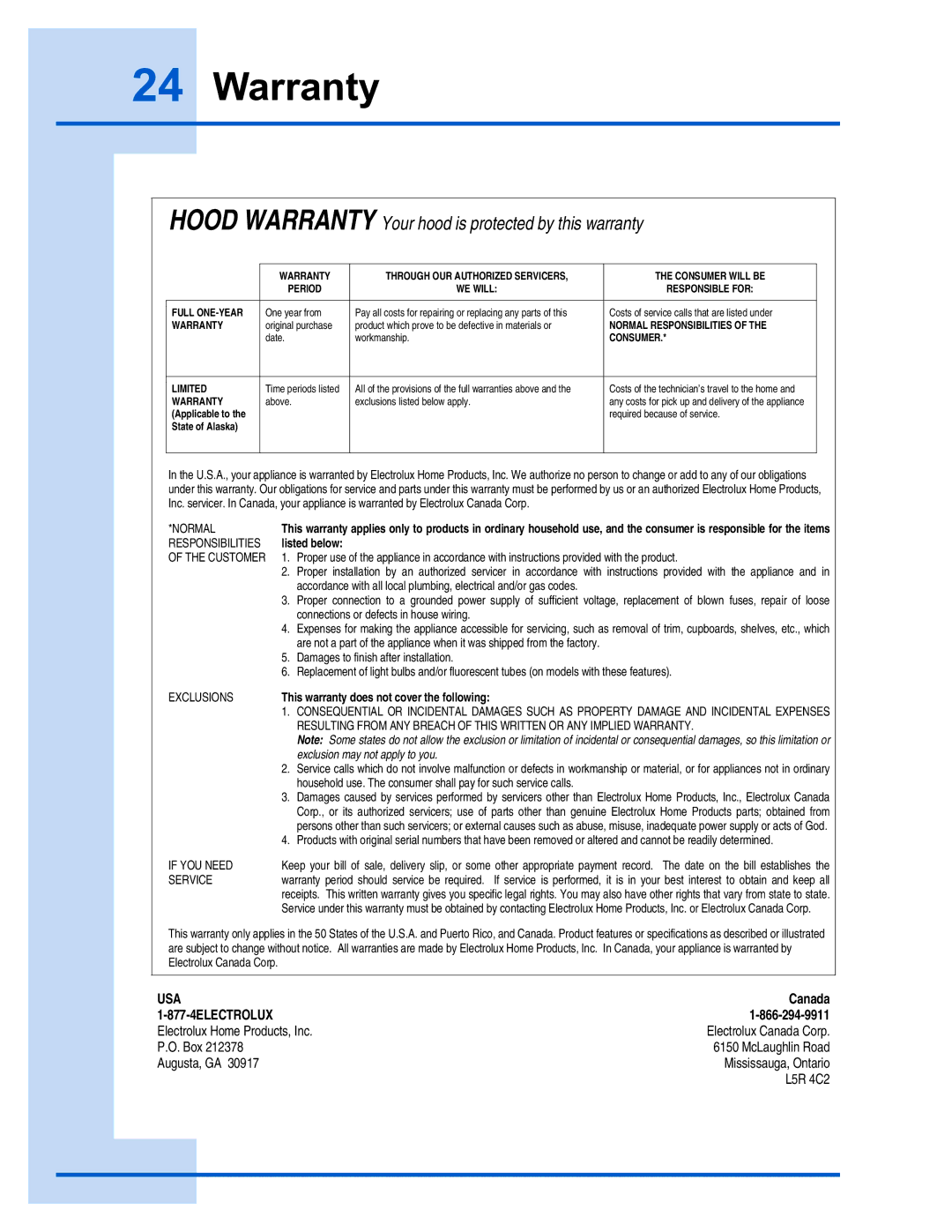 Electrolux E36WC45FSS installation instructions Hood Warranty Your hood is protected by this warranty 