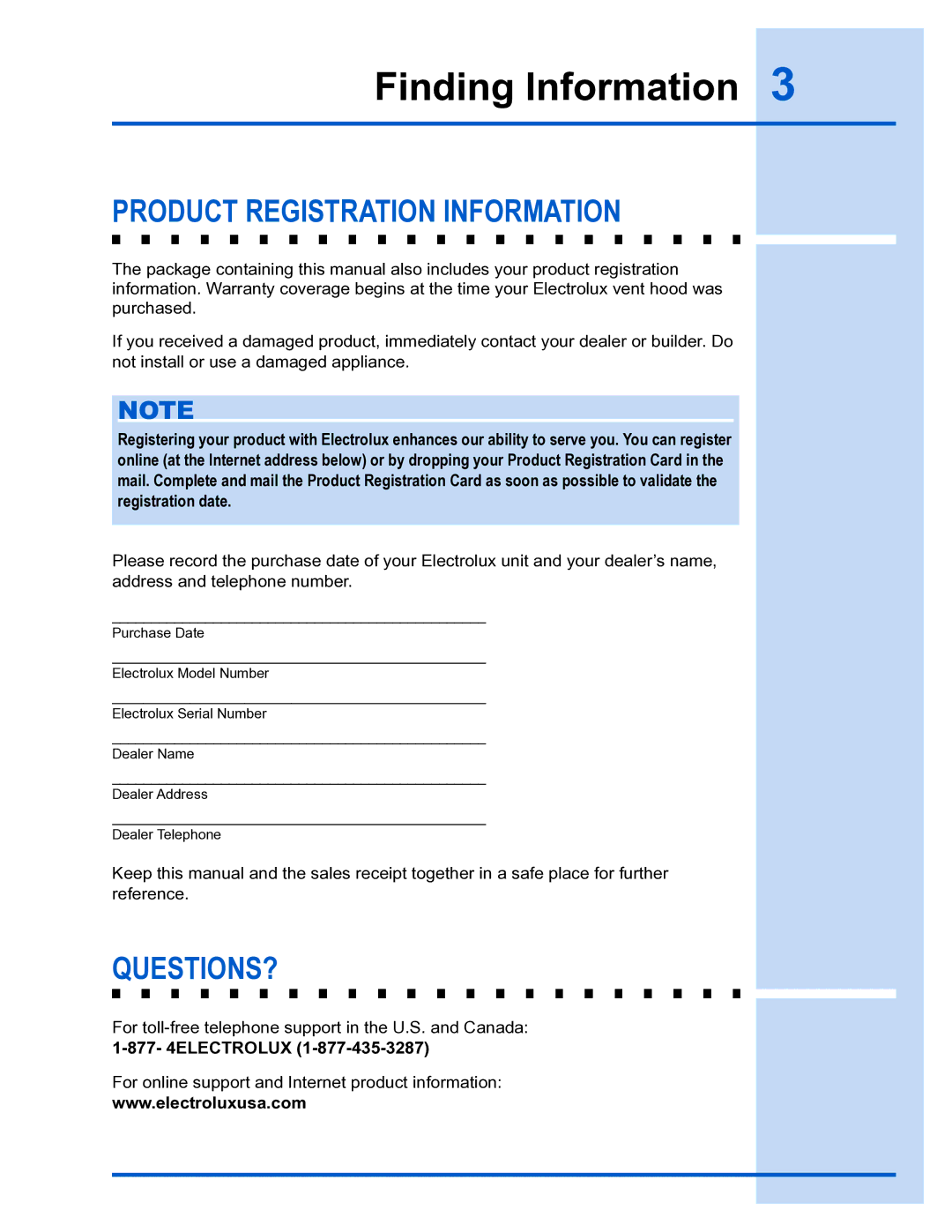 Electrolux E36WC45FSS installation instructions Product Registration Information, Questions? 