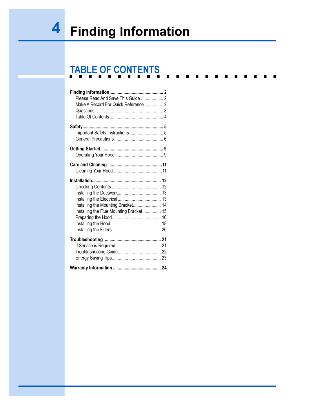 Electrolux E36WC45FSS installation instructions Table of Contents 