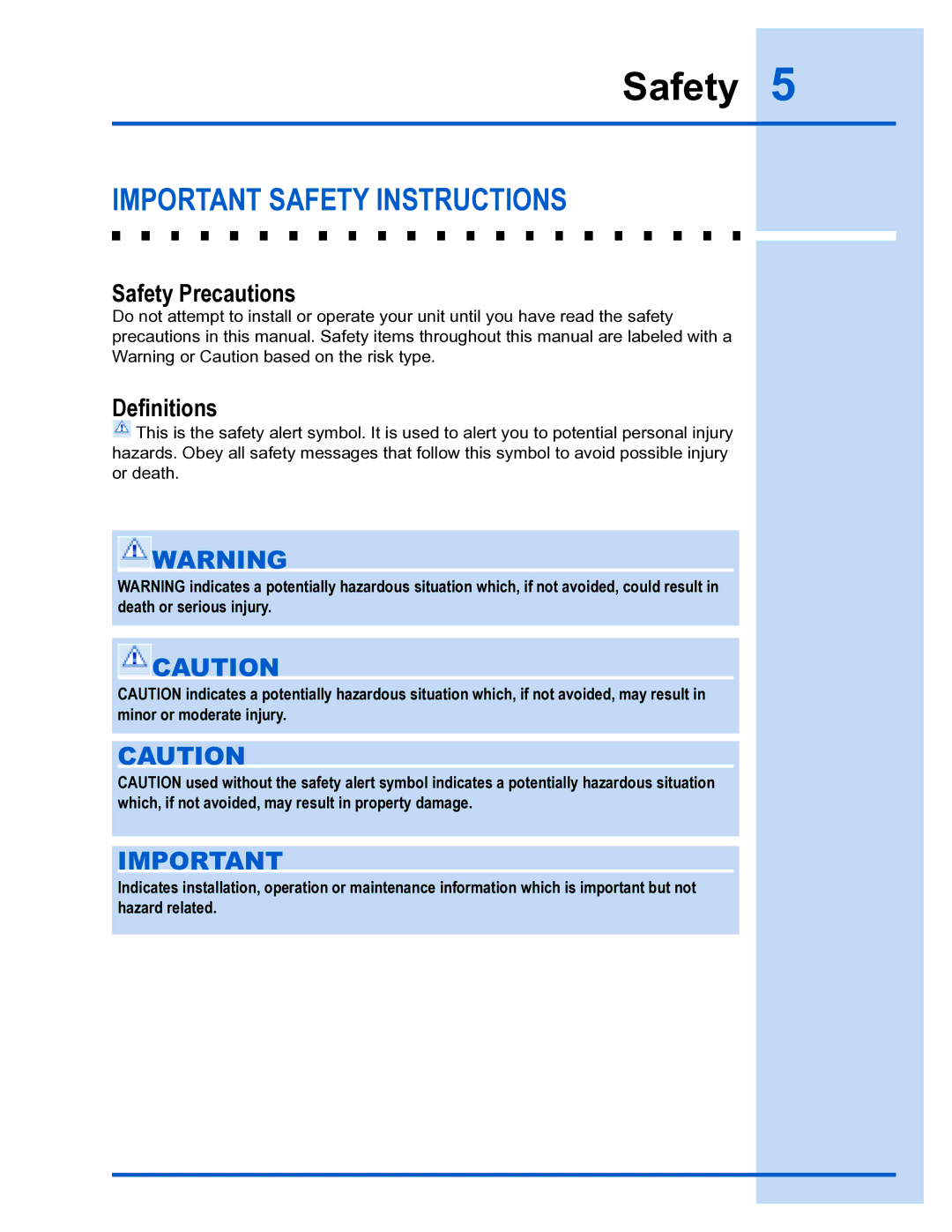 Electrolux E36WC45FSS installation instructions Important Safety Instructions, Safety Precautions, Deﬁnitions 