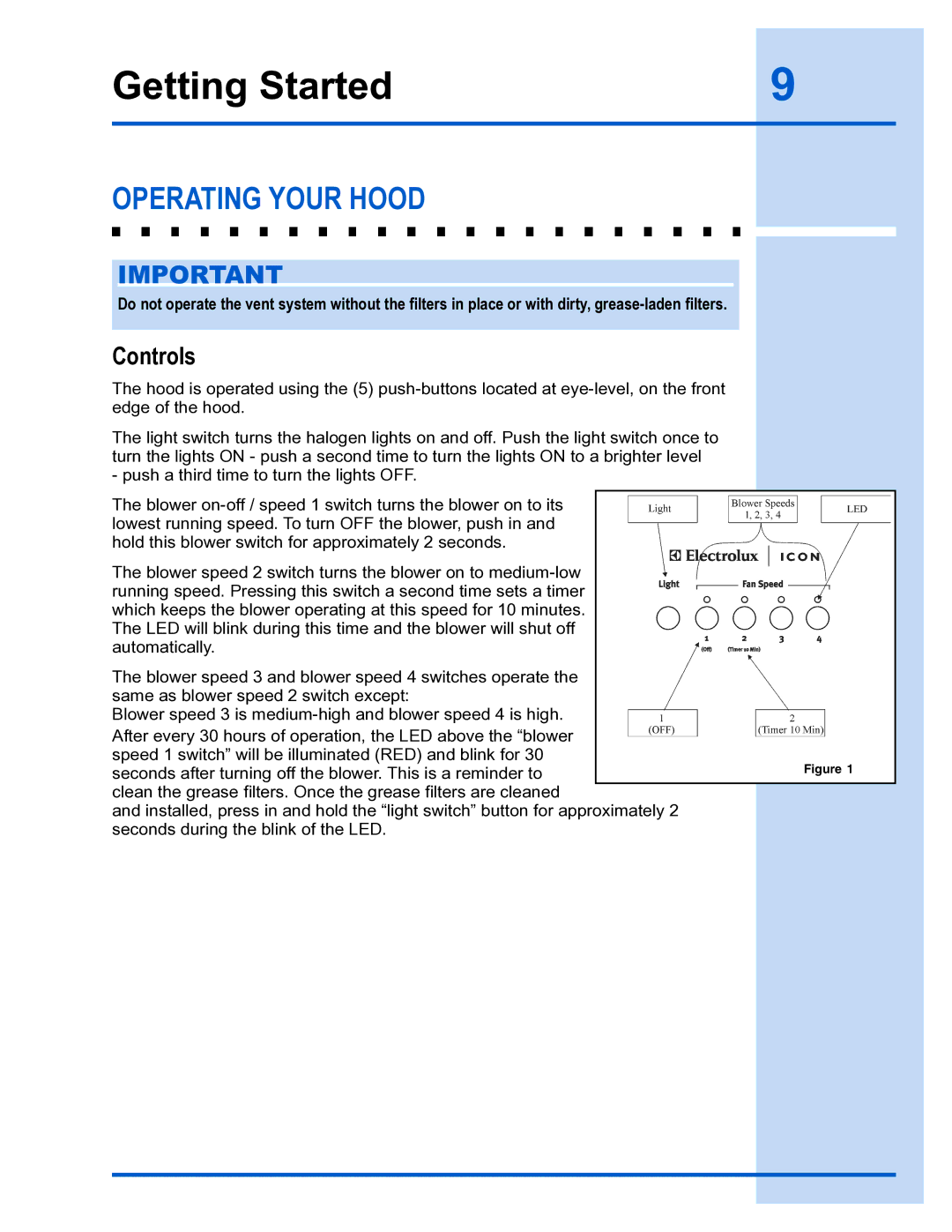 Electrolux E36WC45FSS installation instructions Getting Started, Operating Your Hood, Controls 