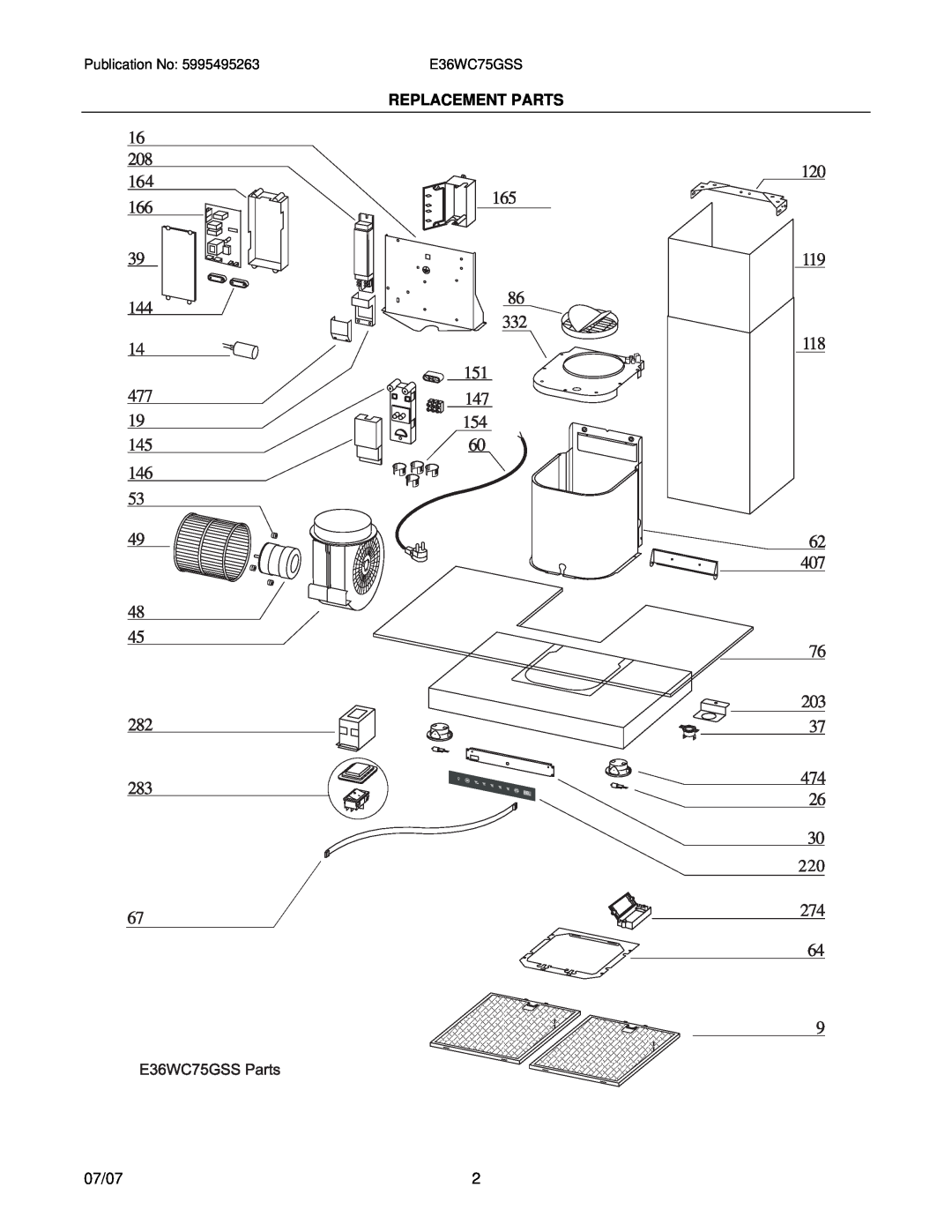 Electrolux installation instructions Replacement Parts, 07/07, E36WC75GSS 
