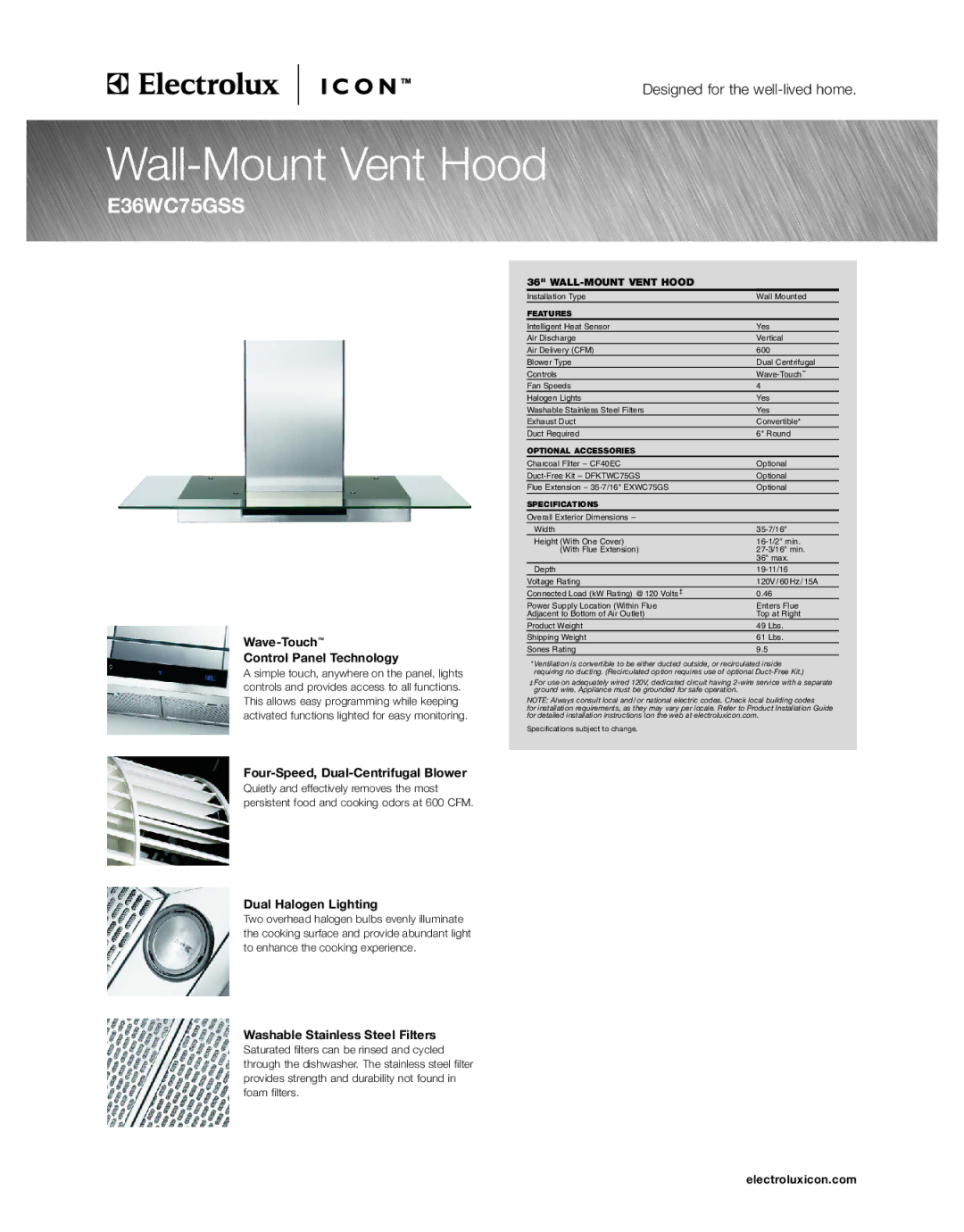 Electrolux E36WC75GSS specifications Wave-Touch Control Panel Technology, Four-Speed, Dual-Centrifugal Blower 