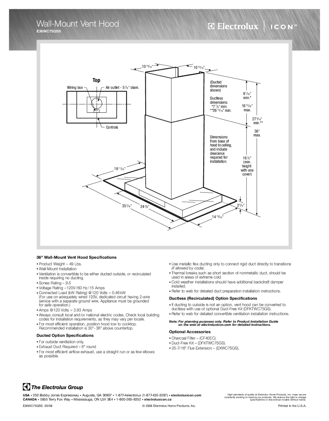 Electrolux E36WC75GSS Wall-Mount Vent Hood Specifications, Ducted Option Specifications, Optional Accessories 