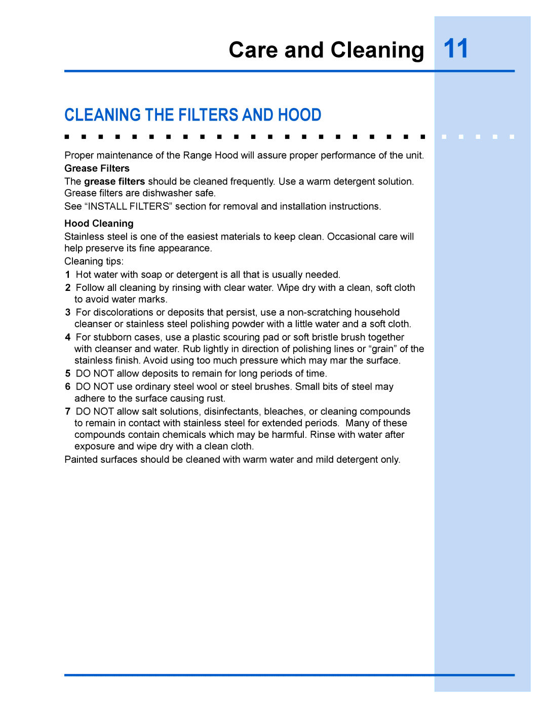 Electrolux E36WV100FS Care and Cleaning, Cleaning the Filters and Hood, Grease Filters, Hood Cleaning 