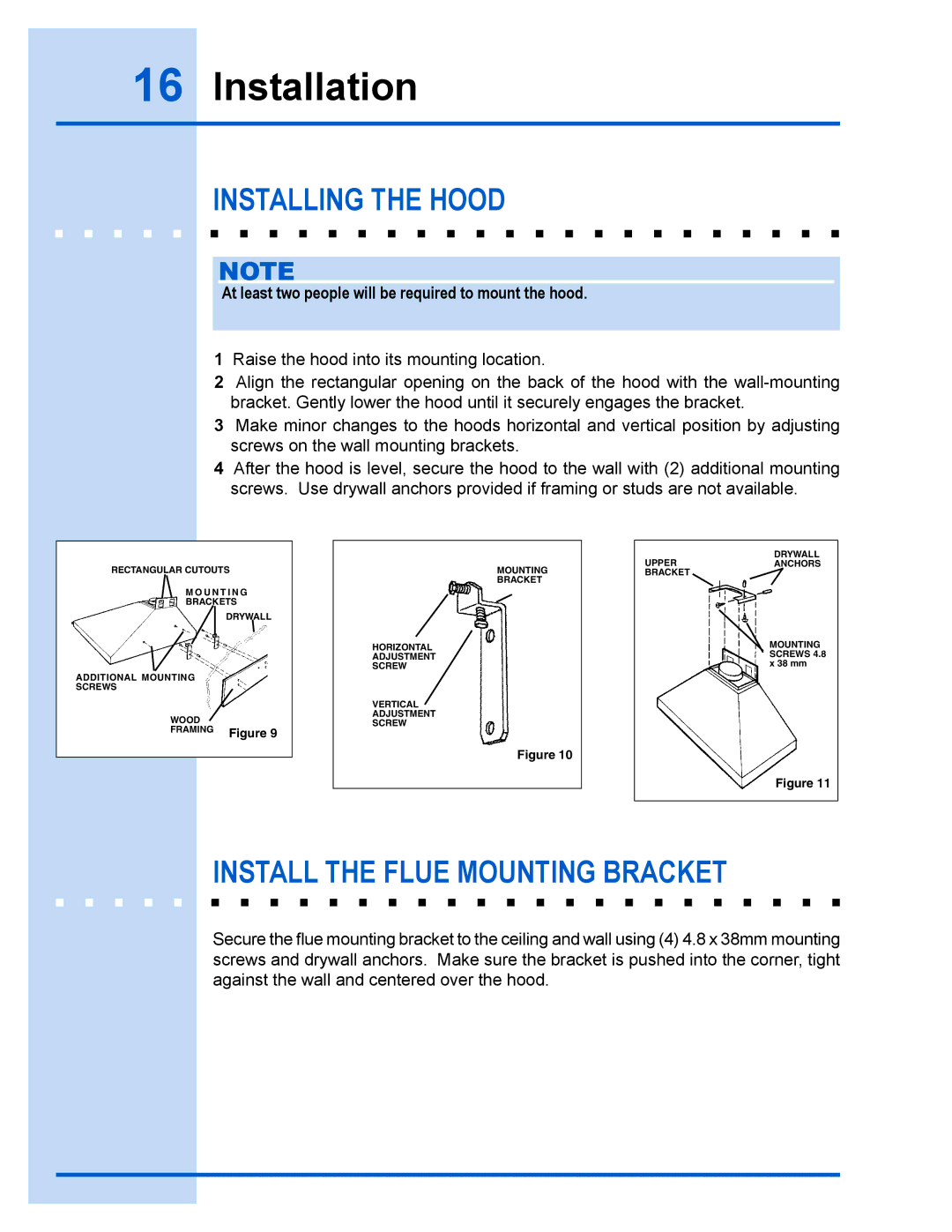 Electrolux E36WV100FS installation instructions Installing the Hood, Install the Flue Mounting Bracket 