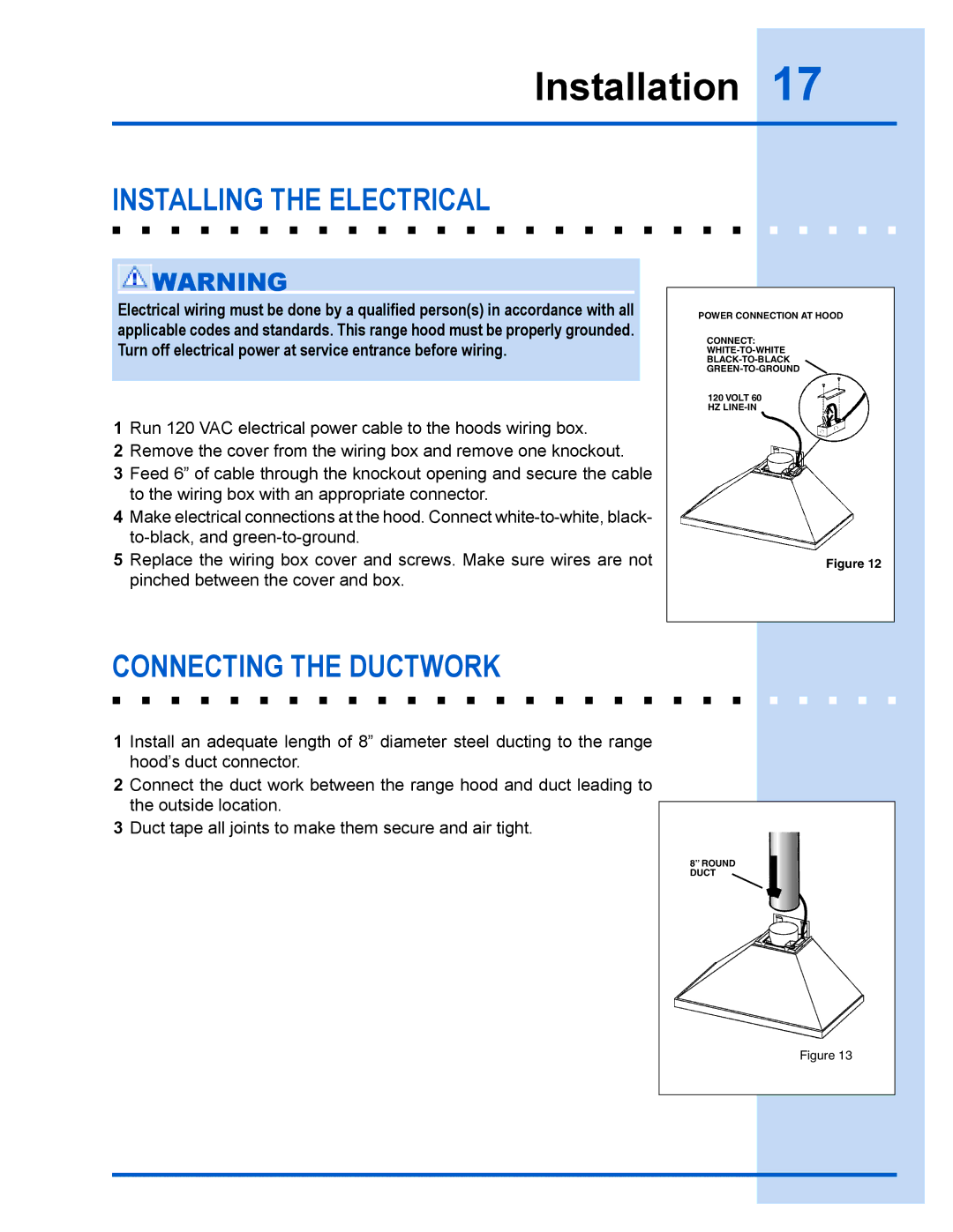 Electrolux E36WV100FS installation instructions Installing the Electrical, Connecting the Ductwork 