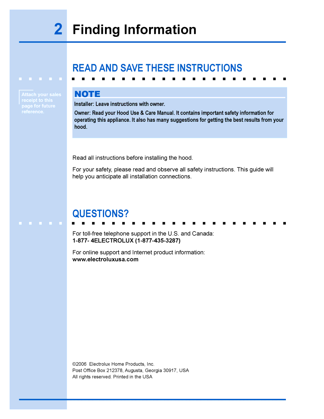 Electrolux E36WV100FS Finding Information, Read and Save These Instructions, Questions?, 877- 4ELECTROLUX 