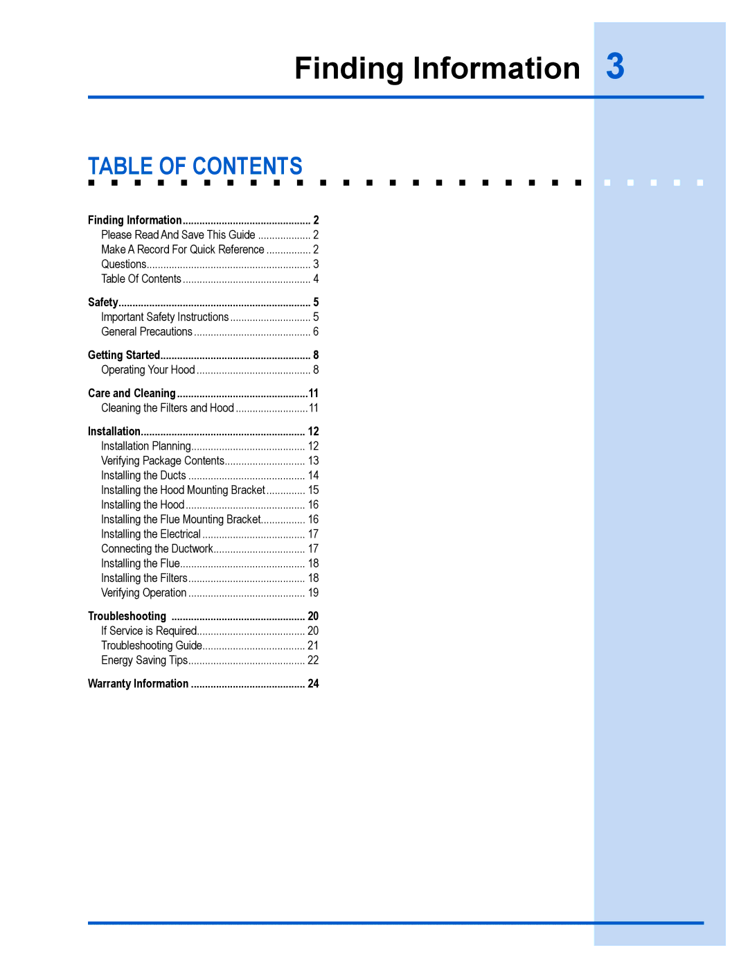 Electrolux E36WV100FS installation instructions Table of Contents 