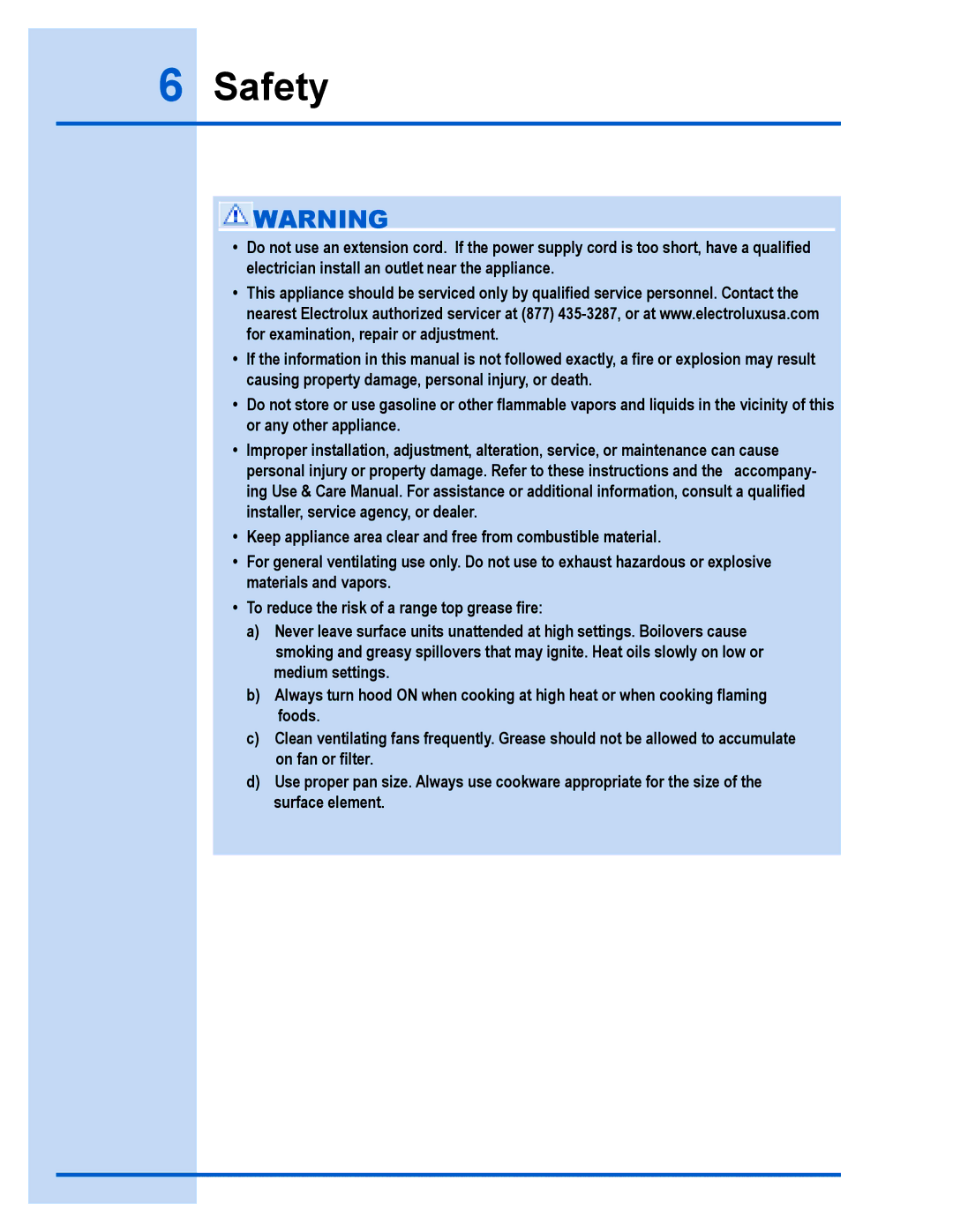 Electrolux E36WV100FS installation instructions Safety 