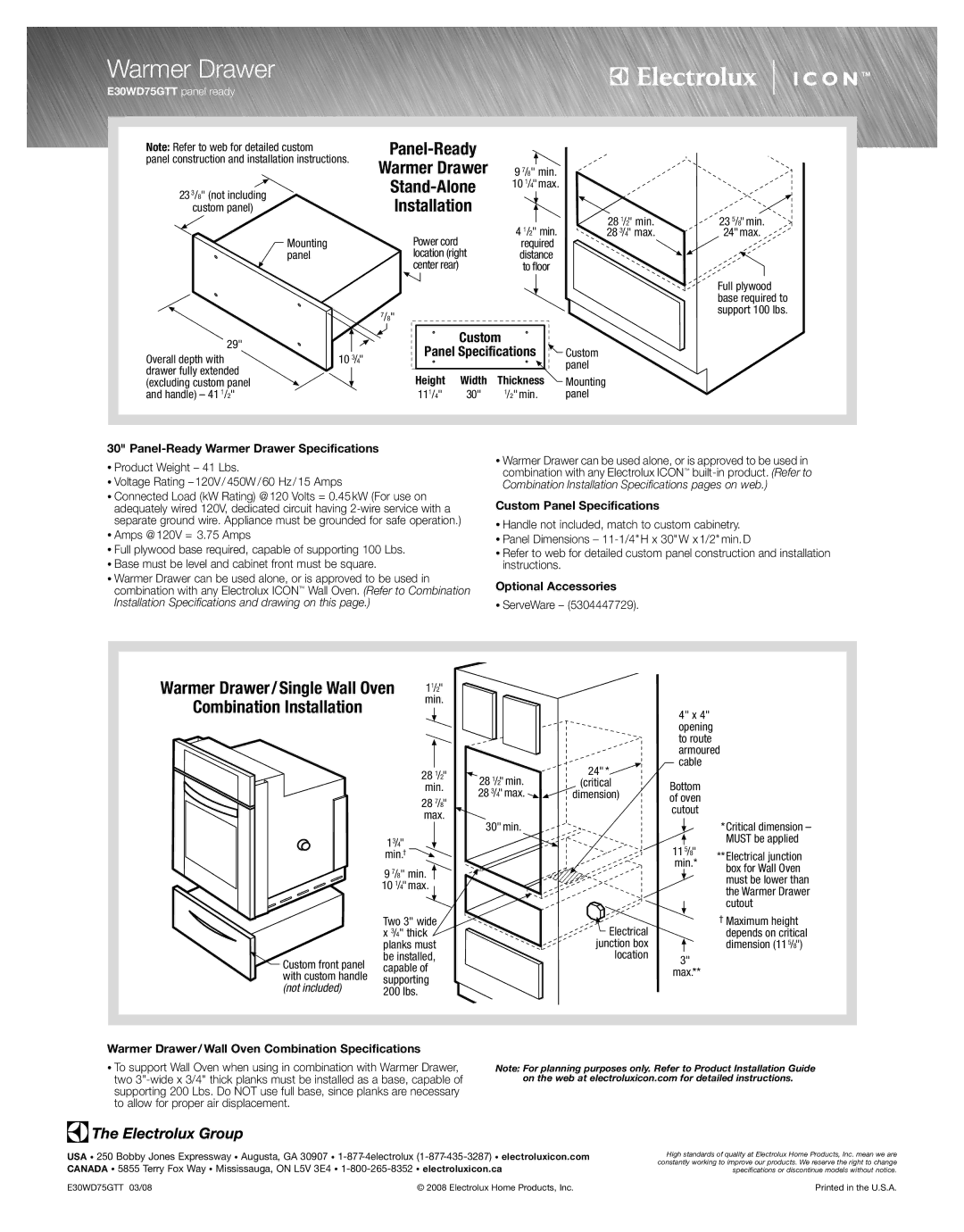 Electrolux E39WD75GTT Panel-Ready Warmer Drawer Specifications, Custom Panel Specifications, Optional Accessories 