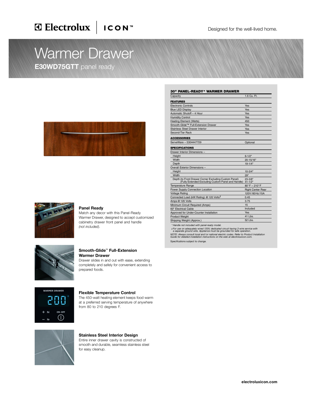 Electrolux E39WD75GTT specifications Panel Ready, Smooth-Glide Full-Extension Warmer Drawer, Flexible Temperature Control 