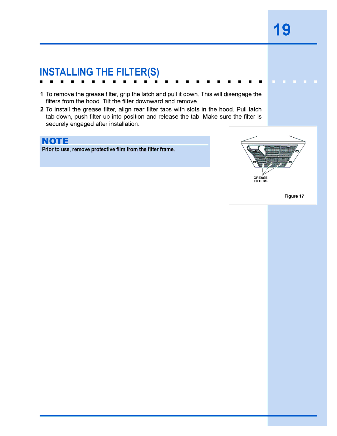 Electrolux E40PV100FS Installing the Filters, Prior to use, remove protective ﬁlm from the ﬁlter frame 