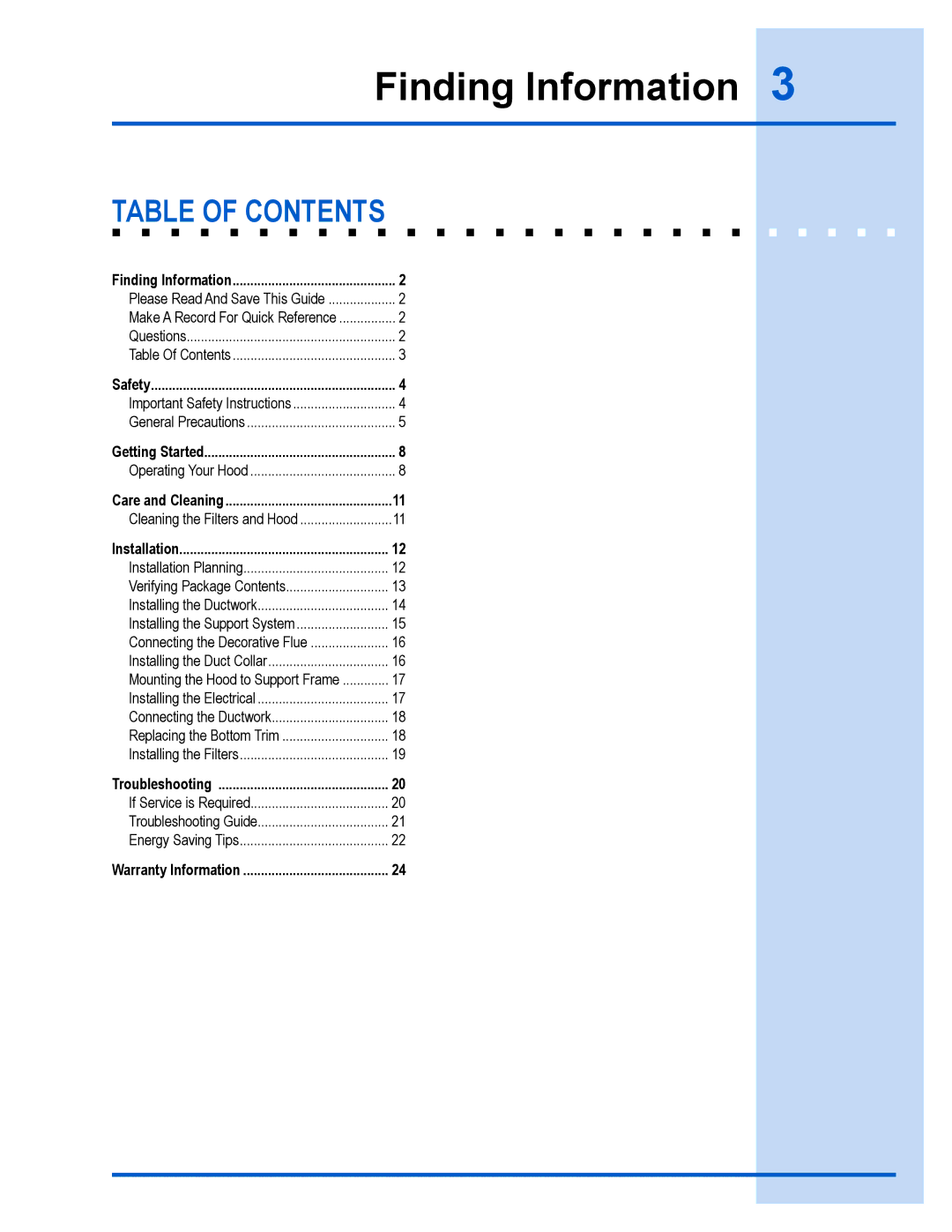 Electrolux E40PV100FS installation instructions Table of Contents 