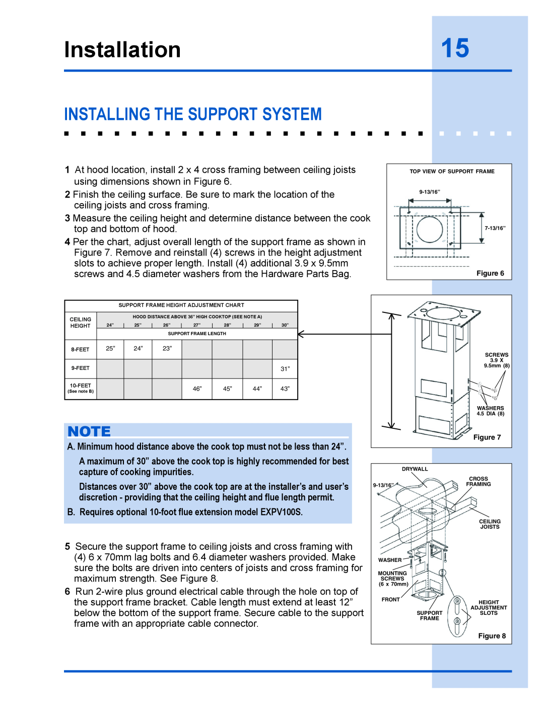 Electrolux E40PV100FS installation instructions Installation15, Installing The Support System 