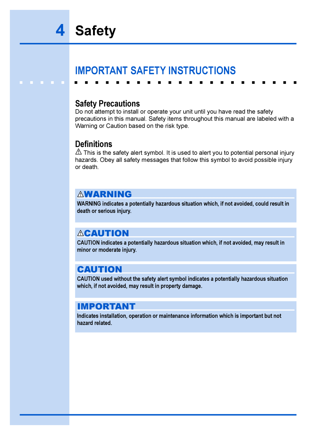 Electrolux E40PV100FS installation instructions Important Safety Instructions, Safety Precautions, Deﬁnitions 